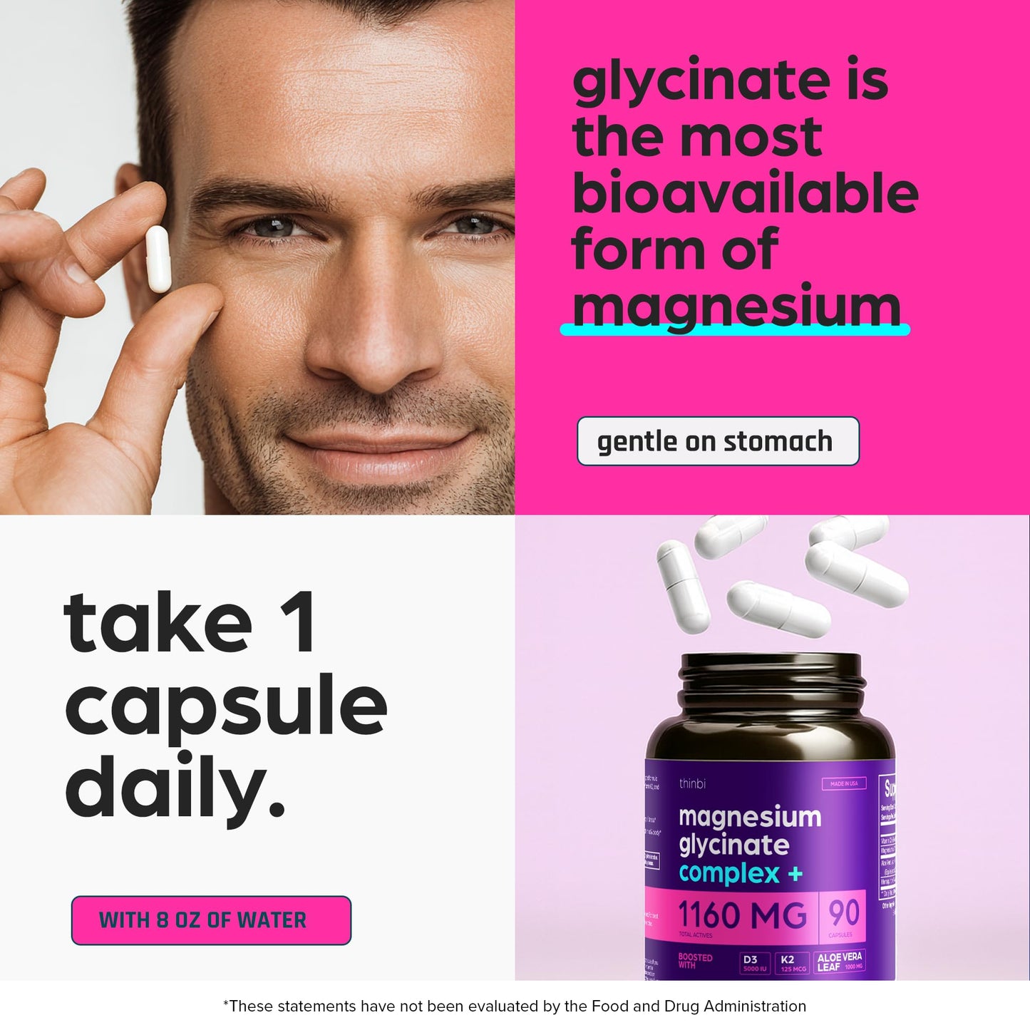 Magnesium Glycinate 1160mg + Aloe Vera, D3 & K2 Complex 90 Capsules - High Absorption, Non-Laxative - Supports