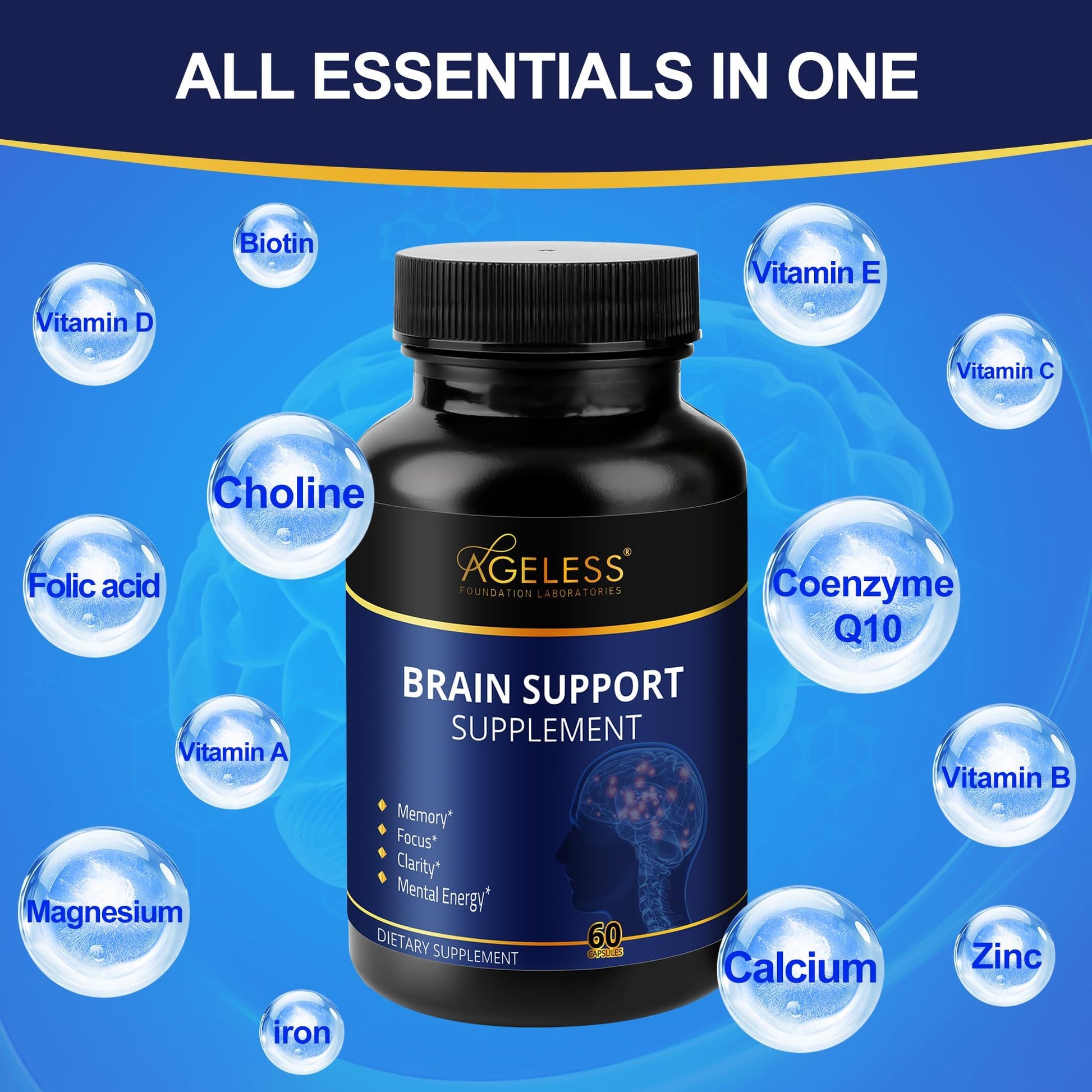 Ageless Brain Supplements for Memory and Focus 1000 MG | Cognitive Improvement | Formulated with Clinically Studied Ingredients | Support Mental Clarity & Neuro Health | Vitamin B6, B12, 60 Capsules Ageless Foundation LaboratoriesBuy Supplements Australia
