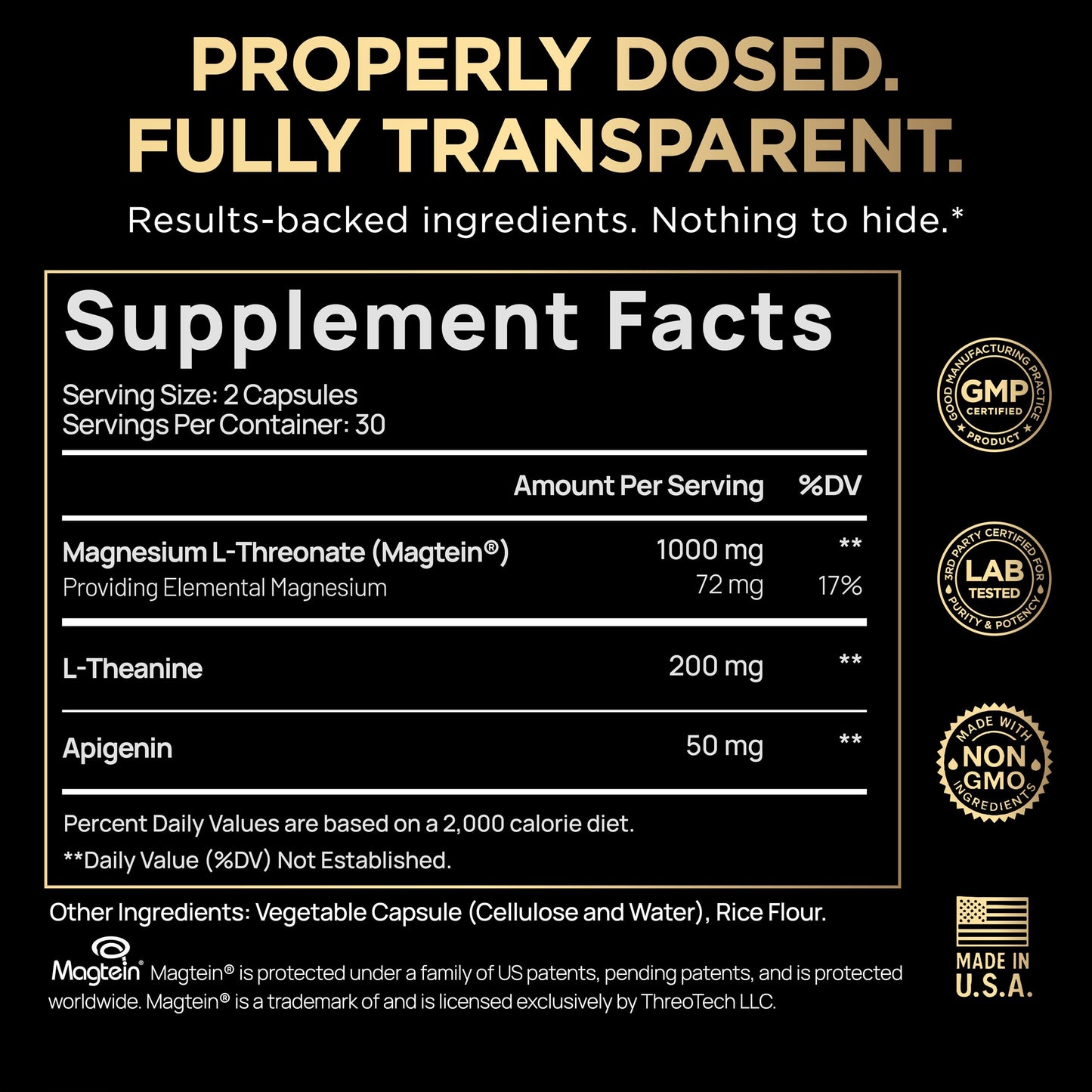 Triple Sleep Magnesium L-Threonate w. Apigenin, Theanine & Magtein Magnesium L Threonate - High Absorption Magnesium Supplement Capsules
