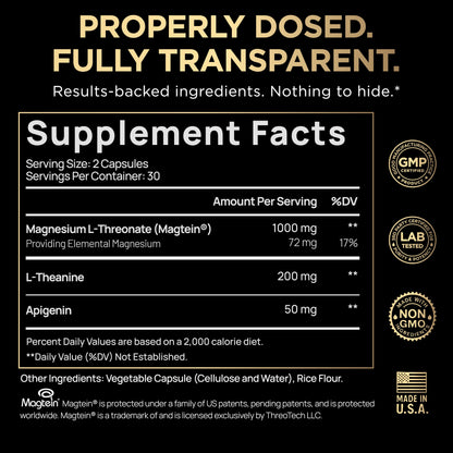 Triple Sleep Magnesium L-Threonate w. Apigenin, Theanine & Magtein Magnesium L Threonate - High Absorption Magnesium Supplement Capsules
