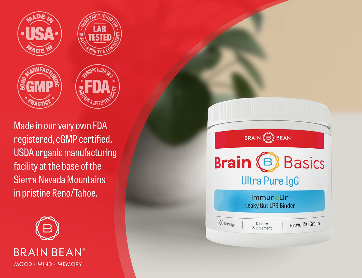 Brain Basics Ultra Pure IgG Supplement - Dairy-Free Supplement IgG-Immunolin Powder, Blended Vitamin & Mineral Supplements, 150g, 60 Servings Brain BeanBuy Supplements Australia