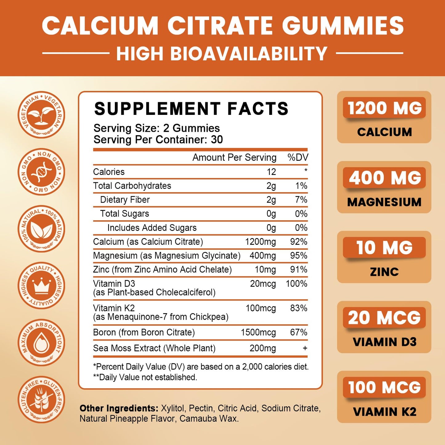 GONGOTA Calcium Citrate 1200mg with Vitamin D3 Gummies, Chewable Calcium for Bone, Muscle, Joints, Immune Support, Calcium Supplements for Women & Men,Sugar Free, Pineapple Flavor - 120 Gummies GONGOTABuy Supplements Australia