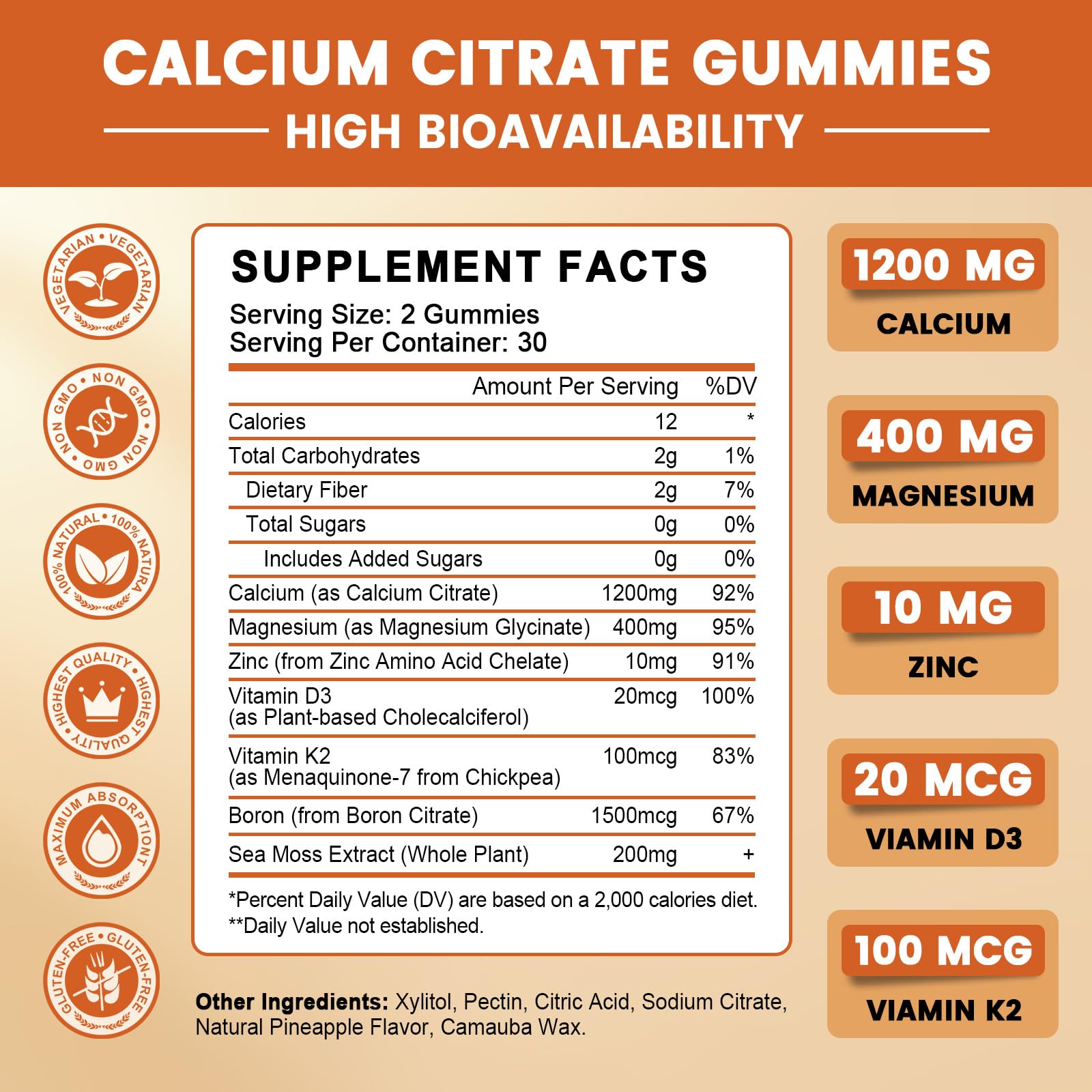 GONGOTA Calcium Citrate 1200mg with Vitamin D3 Gummies, Chewable Calcium for Bone, Muscle, Joints, Immune Support, Calcium Supplements for Women & Men,Sugar Free, Pineapple Flavor - 120 Gummies GONGOTABuy Supplements Australia