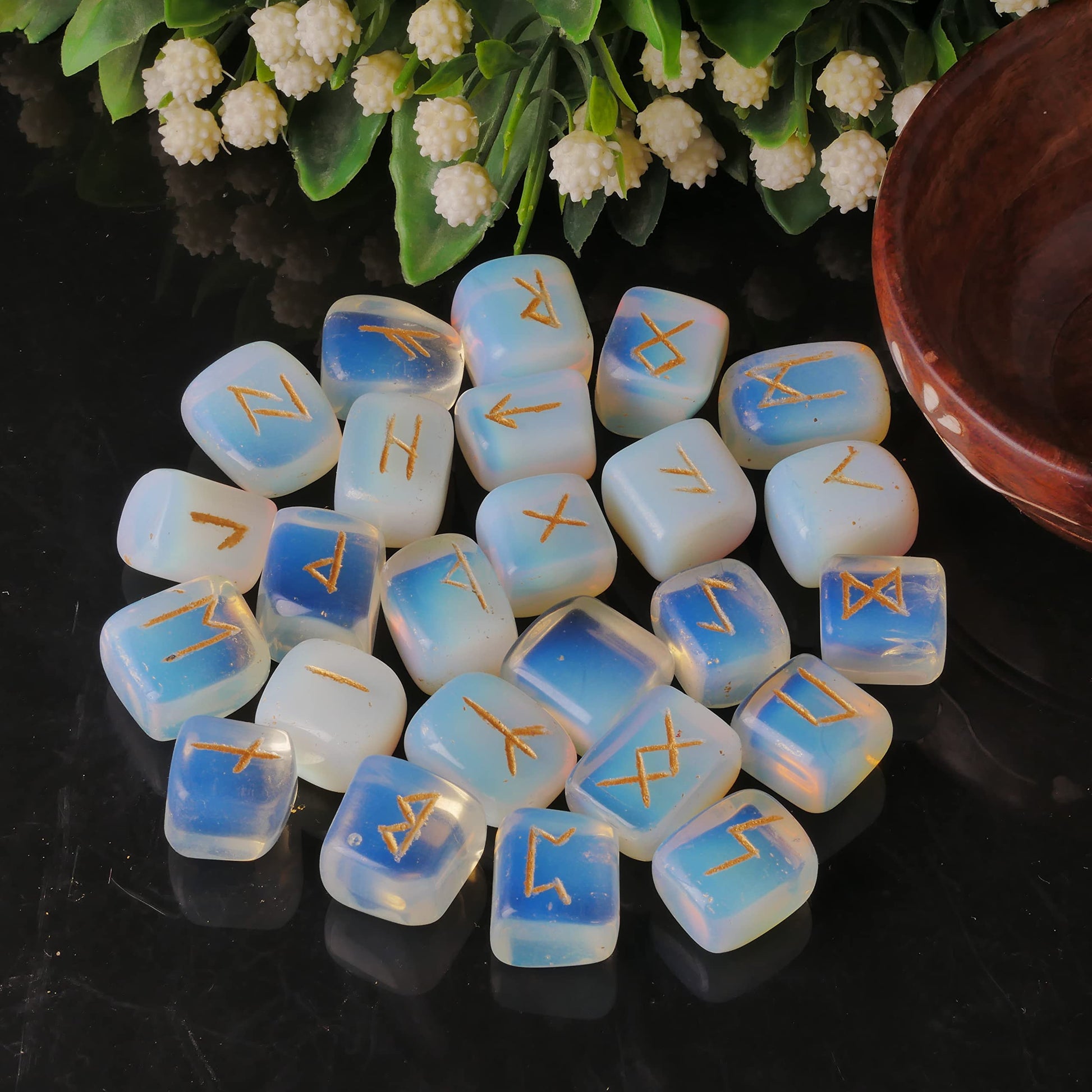 Opalite Rune Stone - Rune Set - Engraved Elder Futhark Alphabet Symbols - Witchcraft Crystals QUIPSABuy Supplements Australia