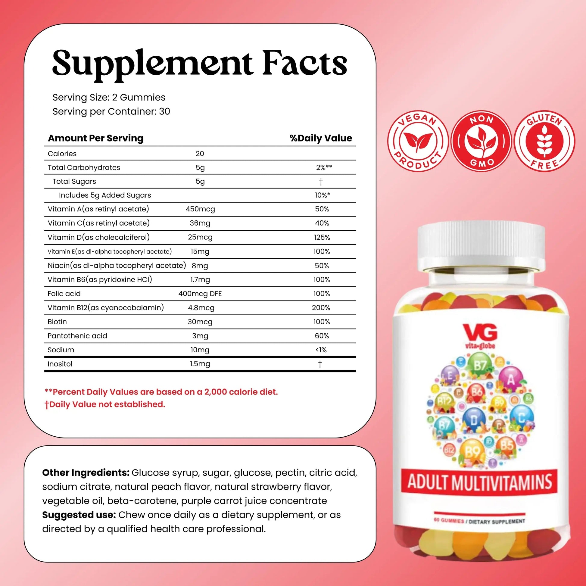 VITA GLOBE Adult Multivitamin Gummies – 9 Daily Vitamins with C, D, E, B6, B12, Folate & Biotin | Delicious Juicy Trio Orange VITA GLOBE