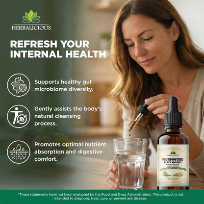 HEBRALICIOUS Wormwood Black Walnut Liquid Drops – Herbal Blend with Pumpkin Seed, Clove, Garlic & Oregano Oil – Alcohol Free Herbal Tincture – Liquid Dietary Supplement, 4 fl oz (120ml) HERBALICIOUSBuy Supplements Australia