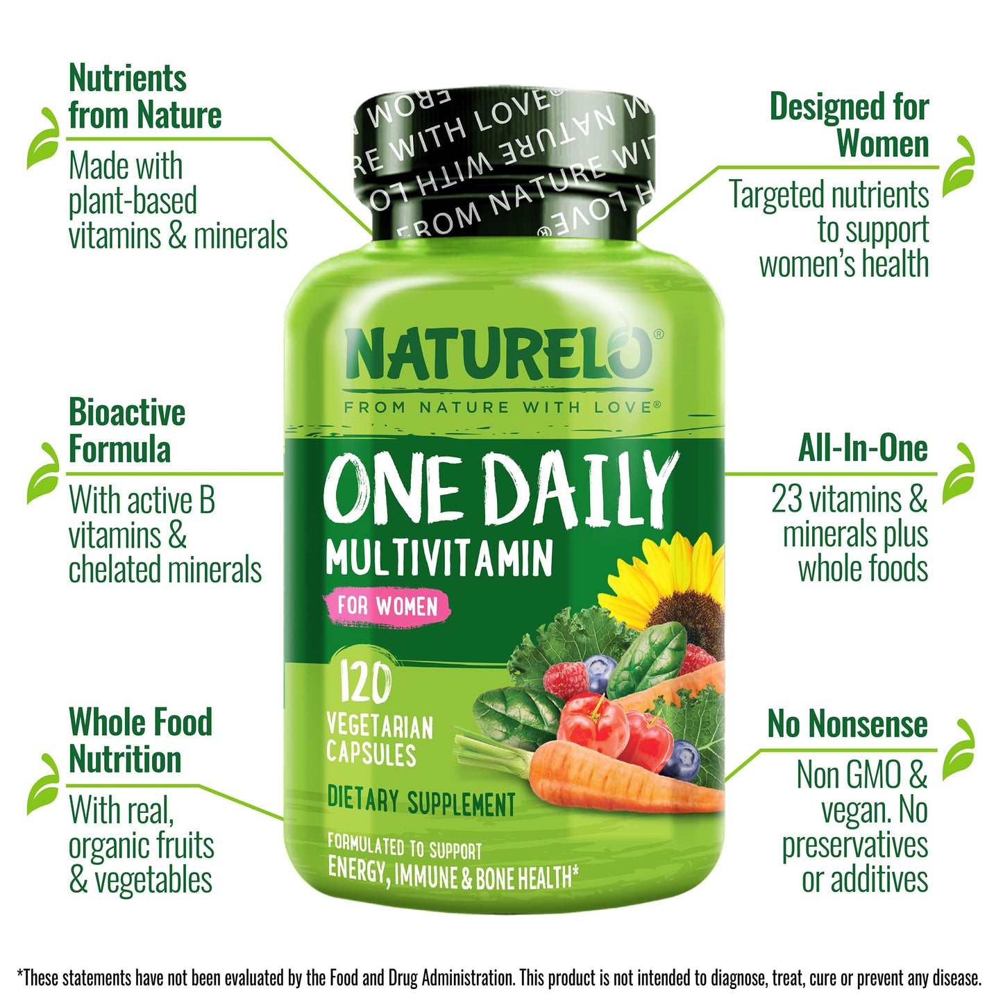 NATURELO One Daily Multivitamin for Women w/Vitamin B12, 120 Ct, Energy Support, Whole Food Daily Women Multivitamin Supplement, Nourish Hair/Skin/Nail, Non-GMO