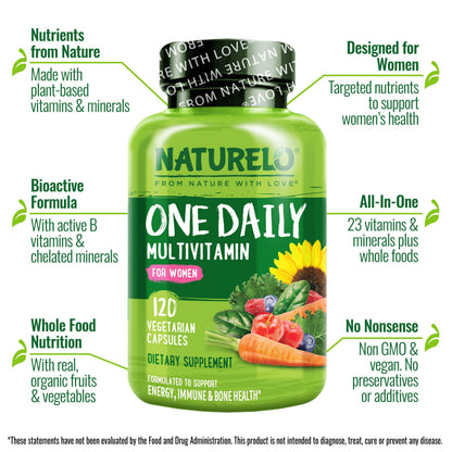 NATURELO One Daily Multivitamin for Women w/Vitamin B12, 120 Ct, Energy Support, Whole Food Daily Women Multivitamin Supplement, Nourish Hair/Skin/Nail, Non-GMO