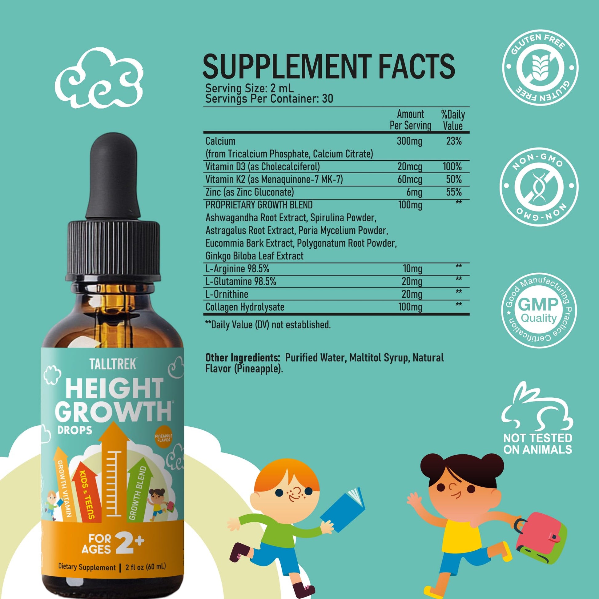 TallTrek Height Growth Supplement Drops for Kids - Teens Bone Growth Height Increase and Maximizer Immune Health Drops with Vitamins D3 K2 Zinc & Calcium - Gluten Free Vegan Pineapple Flavor TallTrekBuy Supplements Australia