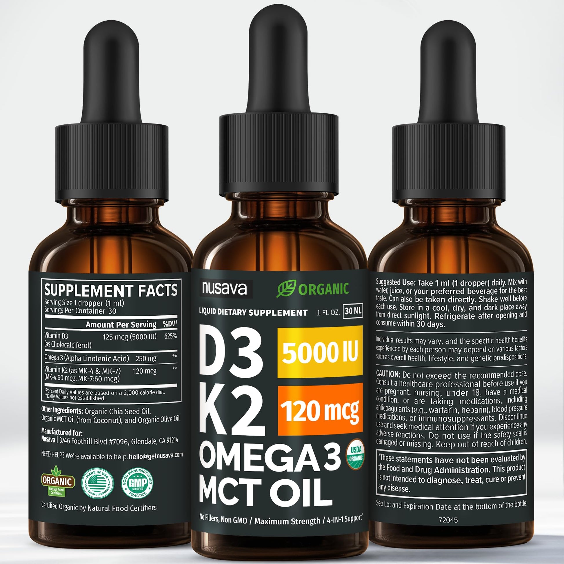 (2 Pack) Organic Vitamin D3 K2 Drops with MCT Oil Omega 3, 5000 IU, Maximum Strength Vitamin D Liquid, No Fillers, Non-GMO Liquid D3 for Faster Absorption and Immune Support (Unflavored, 2 Fl Oz) NUSAVABuy Supplements Australia