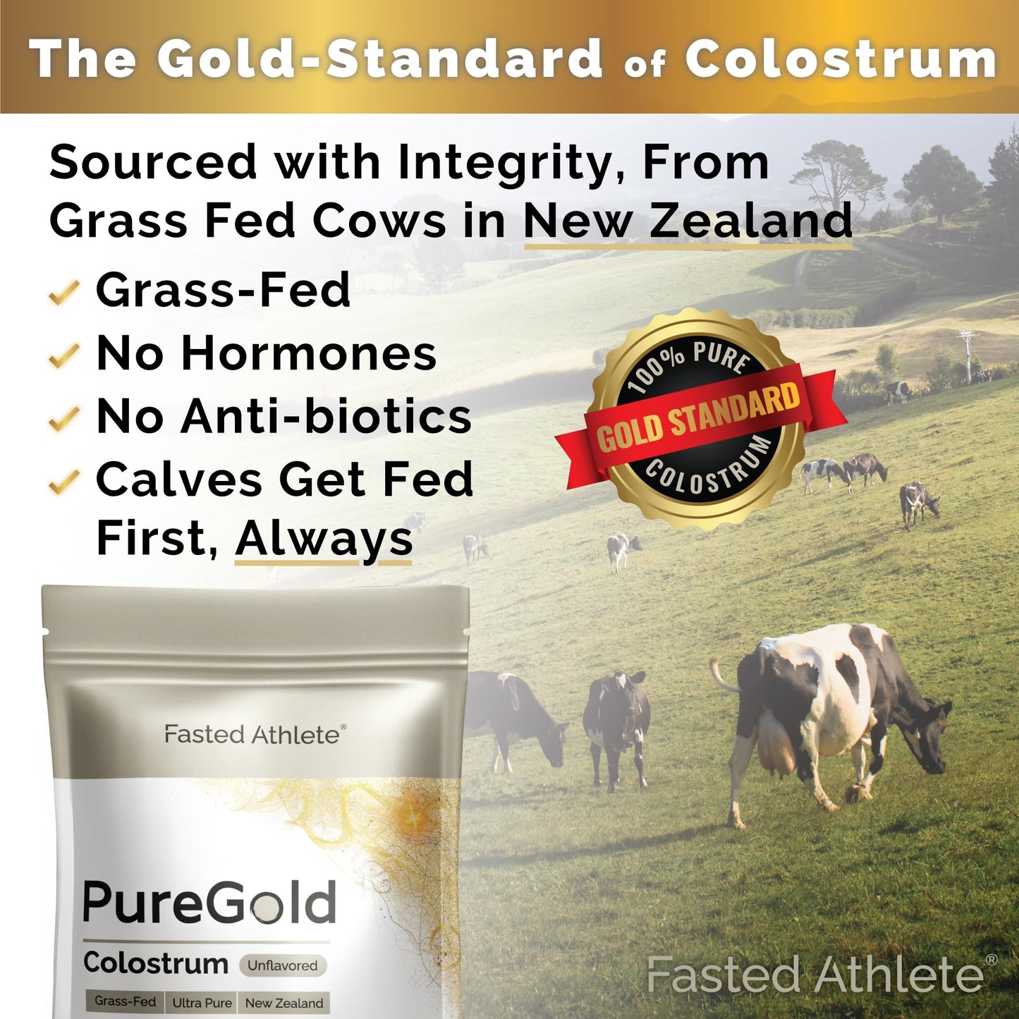 PureGold - Bovine Colostrum Powder - 100% Pure New Zealand Grass Fed, Supports Gut Health, Skin, Hair, & Immunity – Colostrum Supplement, Unflavored, 30 Travel Packets Fasted AthleteBuy Supplements Australia