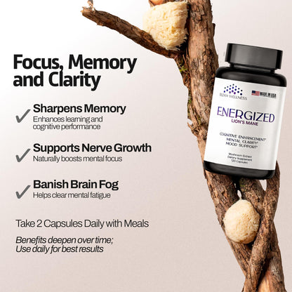 Energized Lions Mane Supplement Capsules (120ct),Brain Supplements for Memory and Focus, Nootropic for Brain Fog Relief Made in USA,30% Polysaccharides,Natural Brain Health Support Elevia WellnessBuy Supplements Australia