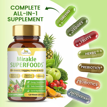 Organic Veda Mirakle Superfoods Greens Capsules - 30+ Daily Greens and Veggies Supplement with Moringa, Spirulina, Chlorella, Turmeric & Herbs, Antioxidants, Resveratrol, Probiotics - 120 Capsule Organic VedaBuy Supplements Australia