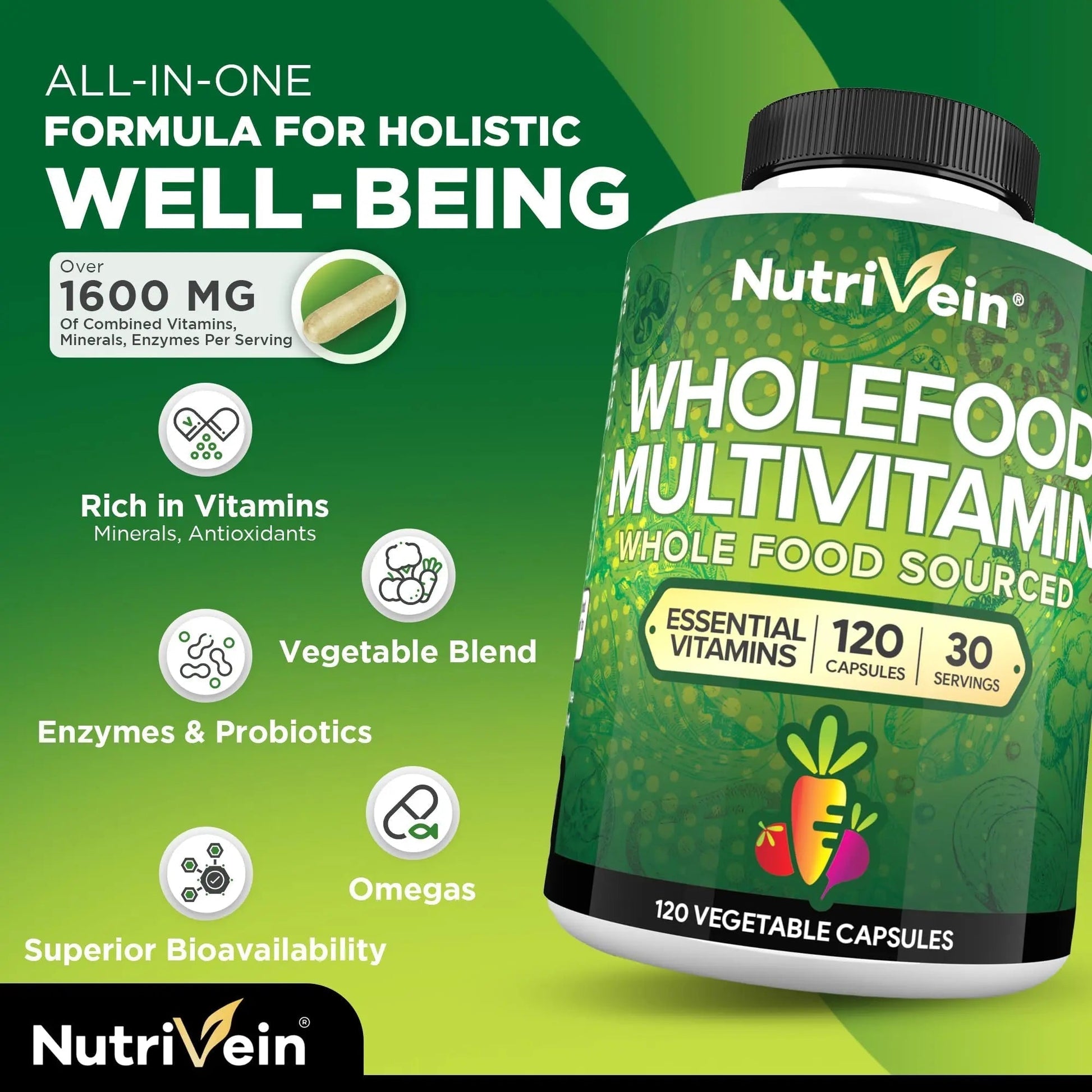 Nutrivein Whole Food Multivitamin for Men & Women – 120 Vegan Multivitamin Caps for Adults – Daily Energy, Immune & Heart Support NutriveinBuy Supplements Australia