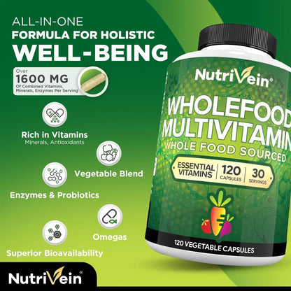 Nutrivein Whole Food Multivitamin for Men & Women – 120 Vegan Multivitamin Caps for Adults – Daily Energy, Immune & Heart Support NutriveinBuy Supplements Australia