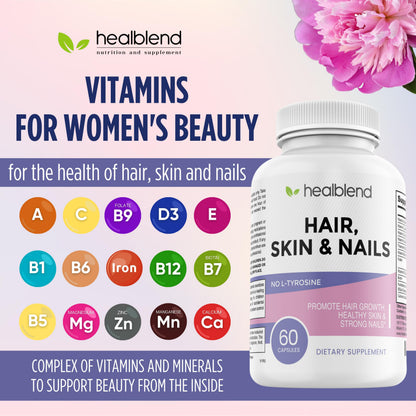 healblend Hair Skin and Nails Vitamins for Women with Biotin 5000 mcg, Iron and Manganese | Vegan, Non-GMO | 60 Capsules healblendBuy Supplements Australia