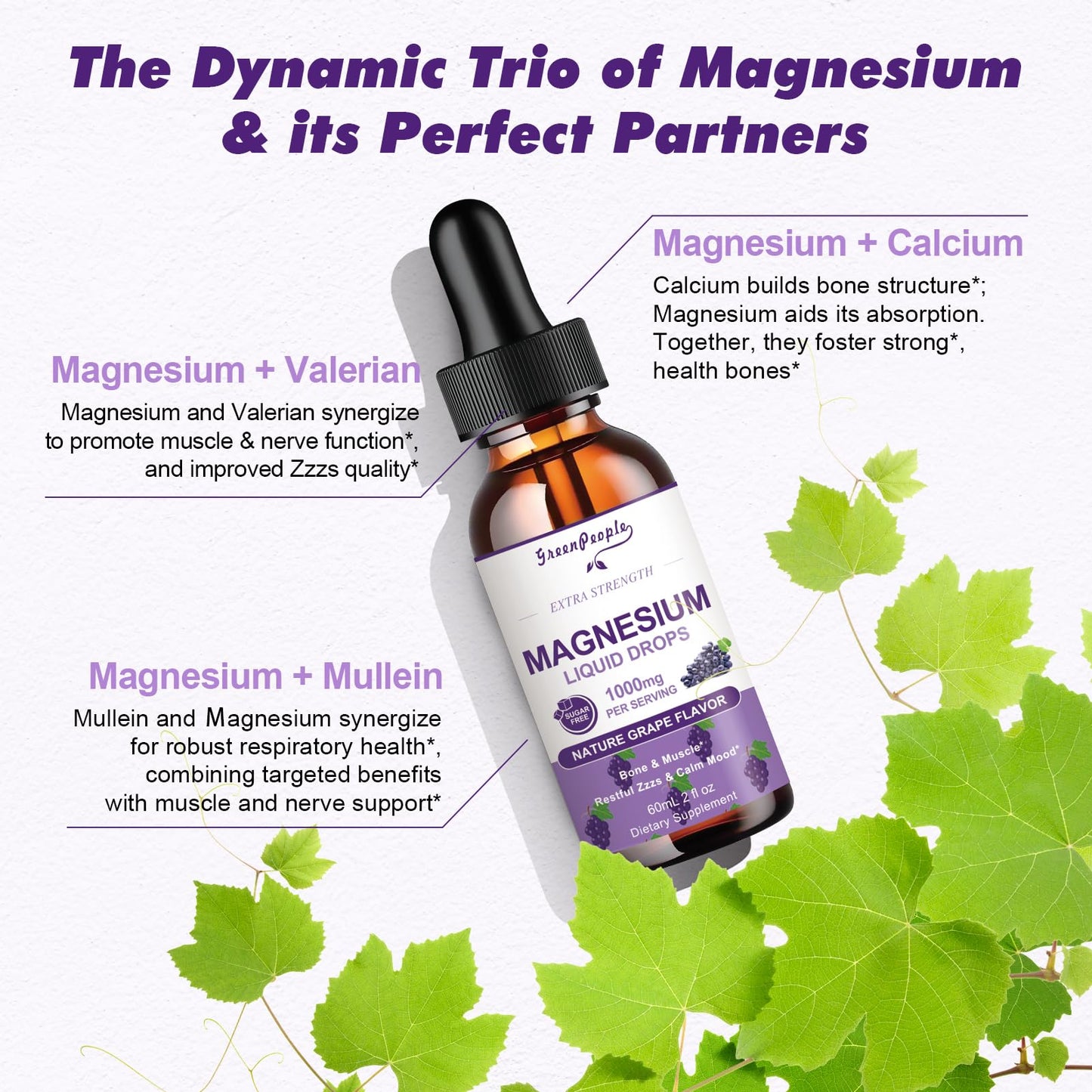 GREENPEOPLE Magnesium Glycinate Liquid Drops - 1000mg 5-in-1 High Absorption Liquid Magnesium for Sleep with D3/K2/B6 | Fast-Acting, Bone, Muscle & Sleep | Sugar-Free Grape Flavor, 2fl Oz GREENPEOPLEBuy Supplements Australia