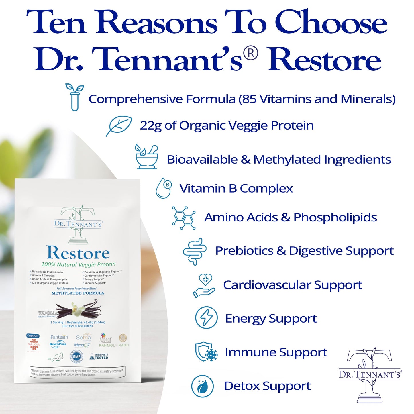 Dr. Tennant's Restore Vanilla Shake | 50+ Methylated Vitamins & Minerals | 23g Vegan Protein | Organic, Gluten-Free | Boosts Energy, Immune & Gut Health | 14-Day All-in-One Supplement Dr. Tennant'sBuy Supplements Australia