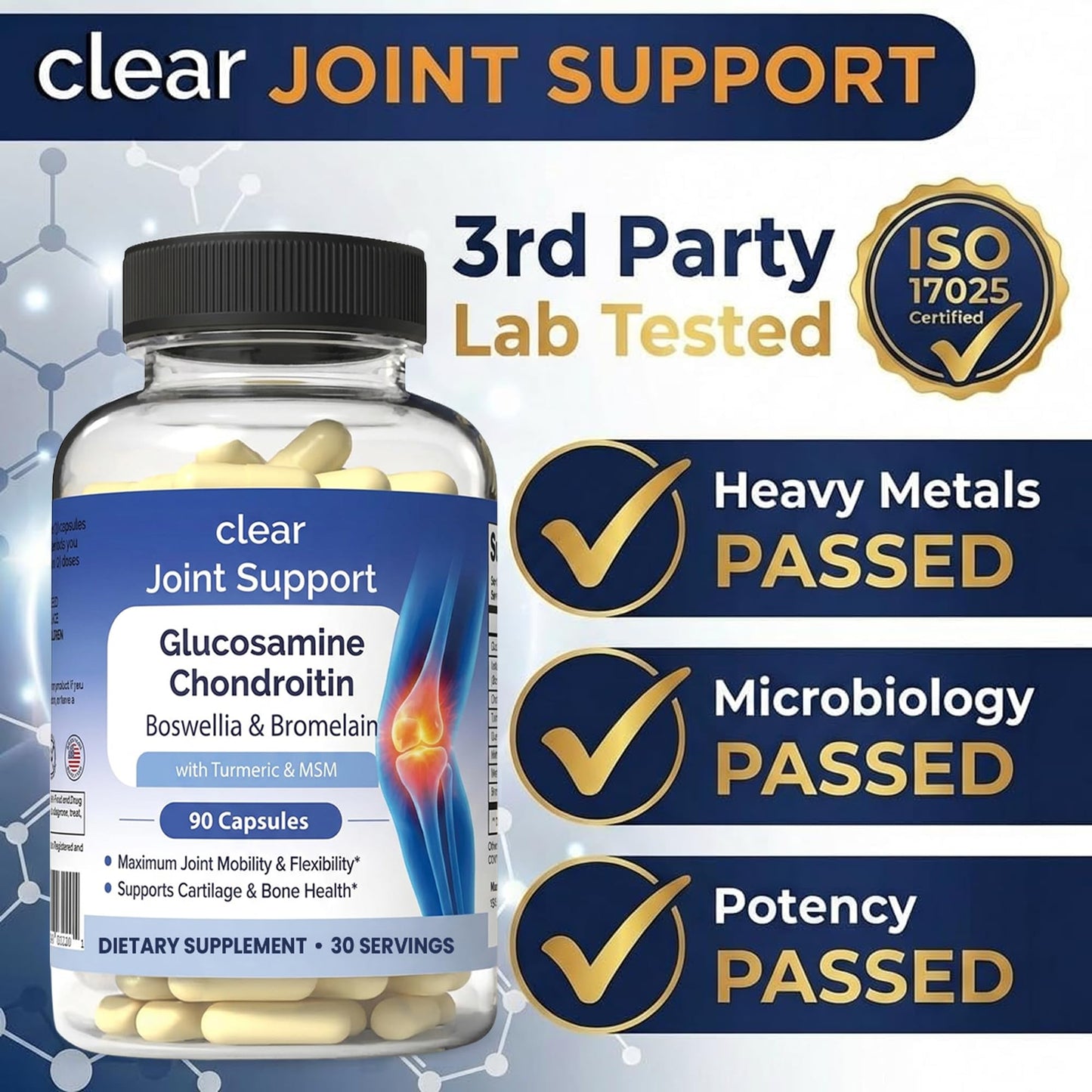 Clear Joint Support - 3-Month Supply | 3-Pack (270 Capsules) | Glucosamine Chondroitin MSM, Turmeric & Boswellia | Supports Knee, Hip & Back Health | Made in USA Clear ProbioticsBuy Supplements Australia
