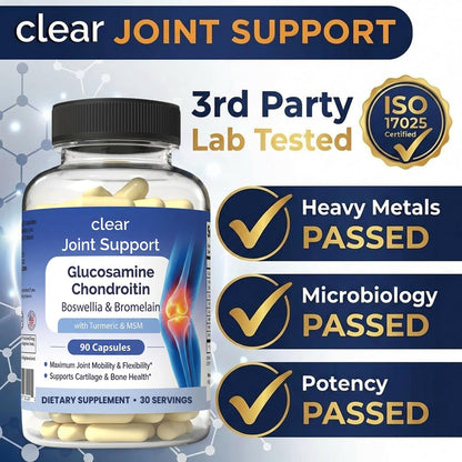 Clear Joint Support - 3-Month Supply | 3-Pack (270 Capsules) | Glucosamine Chondroitin MSM, Turmeric & Boswellia | Supports Knee, Hip & Back Health | Made in USA Clear ProbioticsBuy Supplements Australia