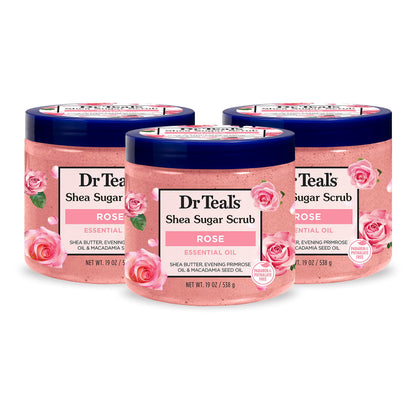 Dr Teal's Shea Sugar Body Scrub, Rose with Essential Oil, 19 oz (Pack of 3) Packaging May