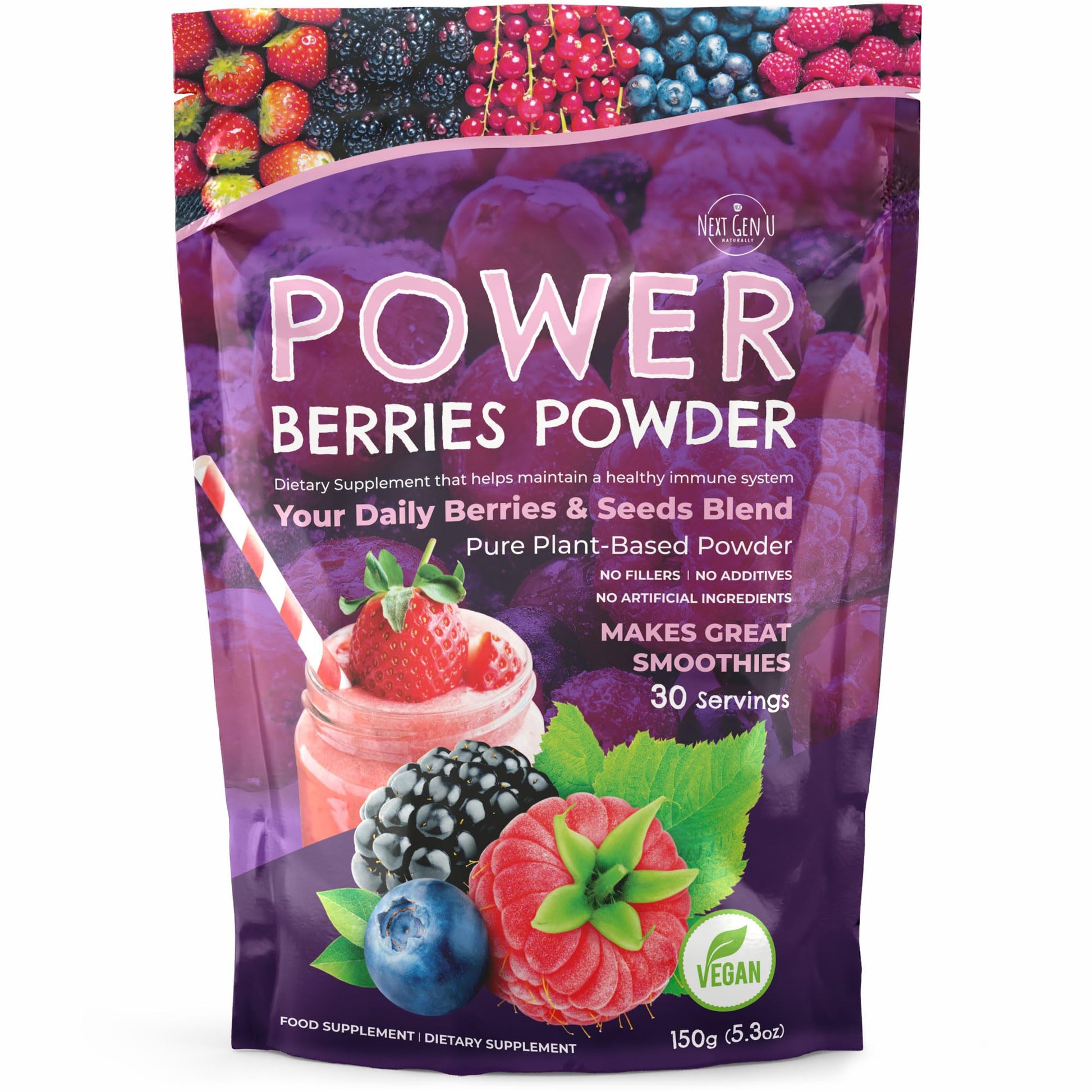 Super Berry Powder - 150g - Immune Support - Food Supplement - Superfood Berries - Smoothie Mix for Shakes - Healthy Boost for Detox Juice Beverages or Any Drink - by NextGenU NGU Next Gen UBuy Supplements Australia