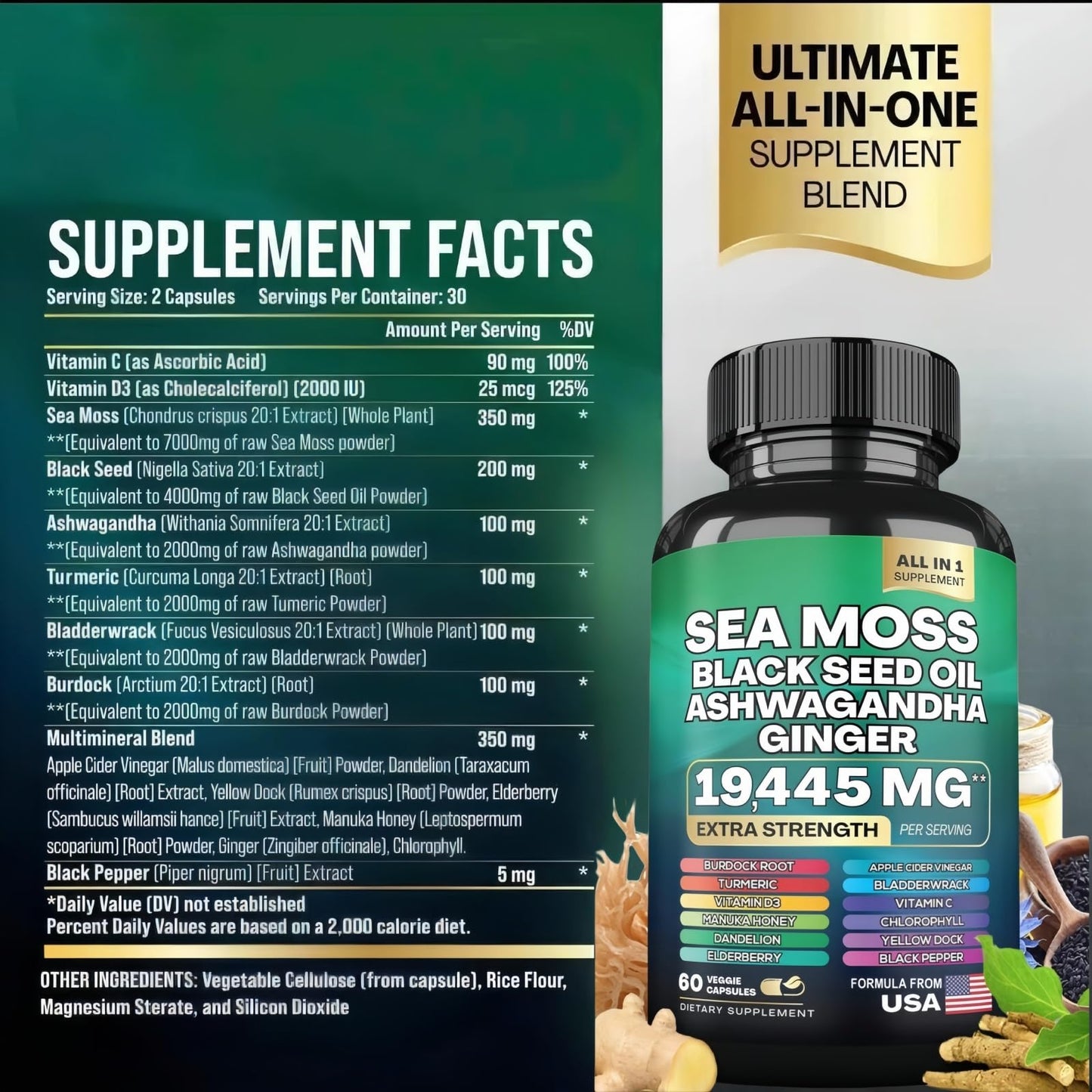 HealthyFinds Sea Moss Black Seed Oil Ashwagandha Ginger Capsules with Turmeric Bladderwrack Burdock & Vitamin C Vitamin D3 with Elderberry Manuka Dandelion Yellow Dock Iodine Chlorophyll ACV HealthyFindsBuy Supplements Australia