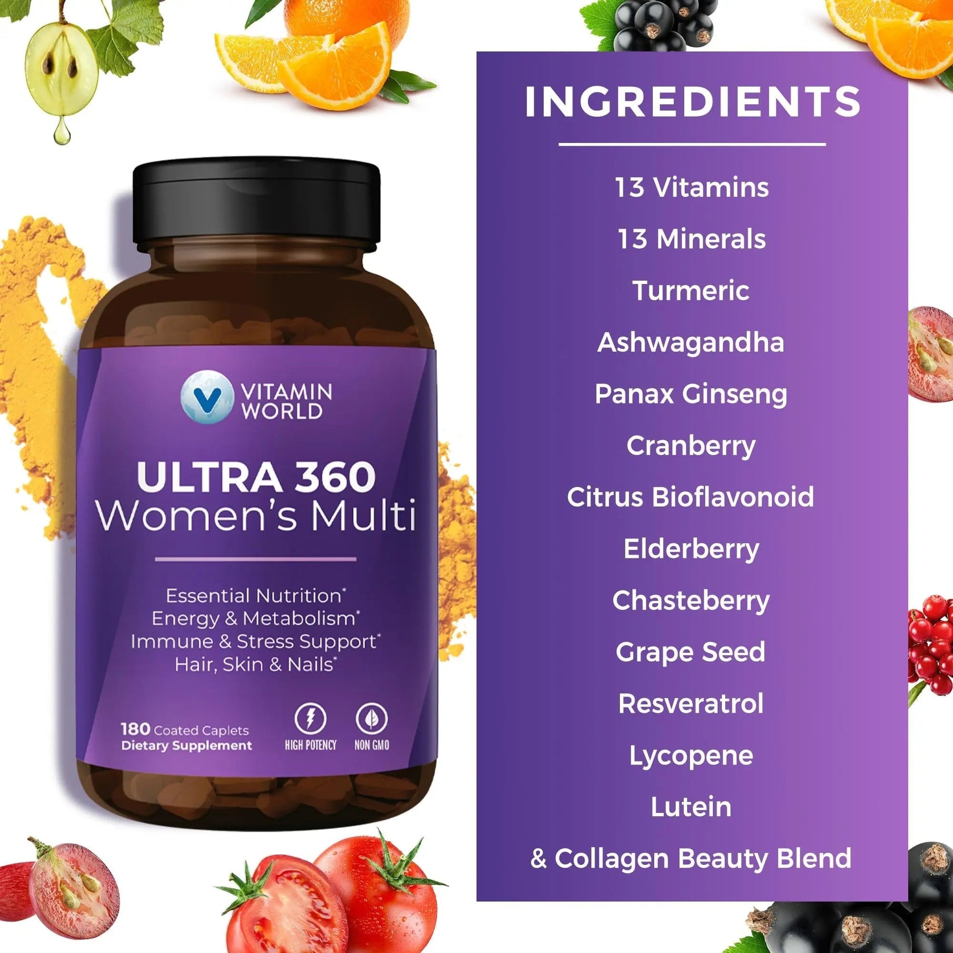 Vitamin World Ultra 360 Multivitamin for Women, Women's Multivitamin with Herbs & Collagen for Hair, Skin & Nails, Supplement with Iron, Vitamin A, B, C, D, E Vitamin World