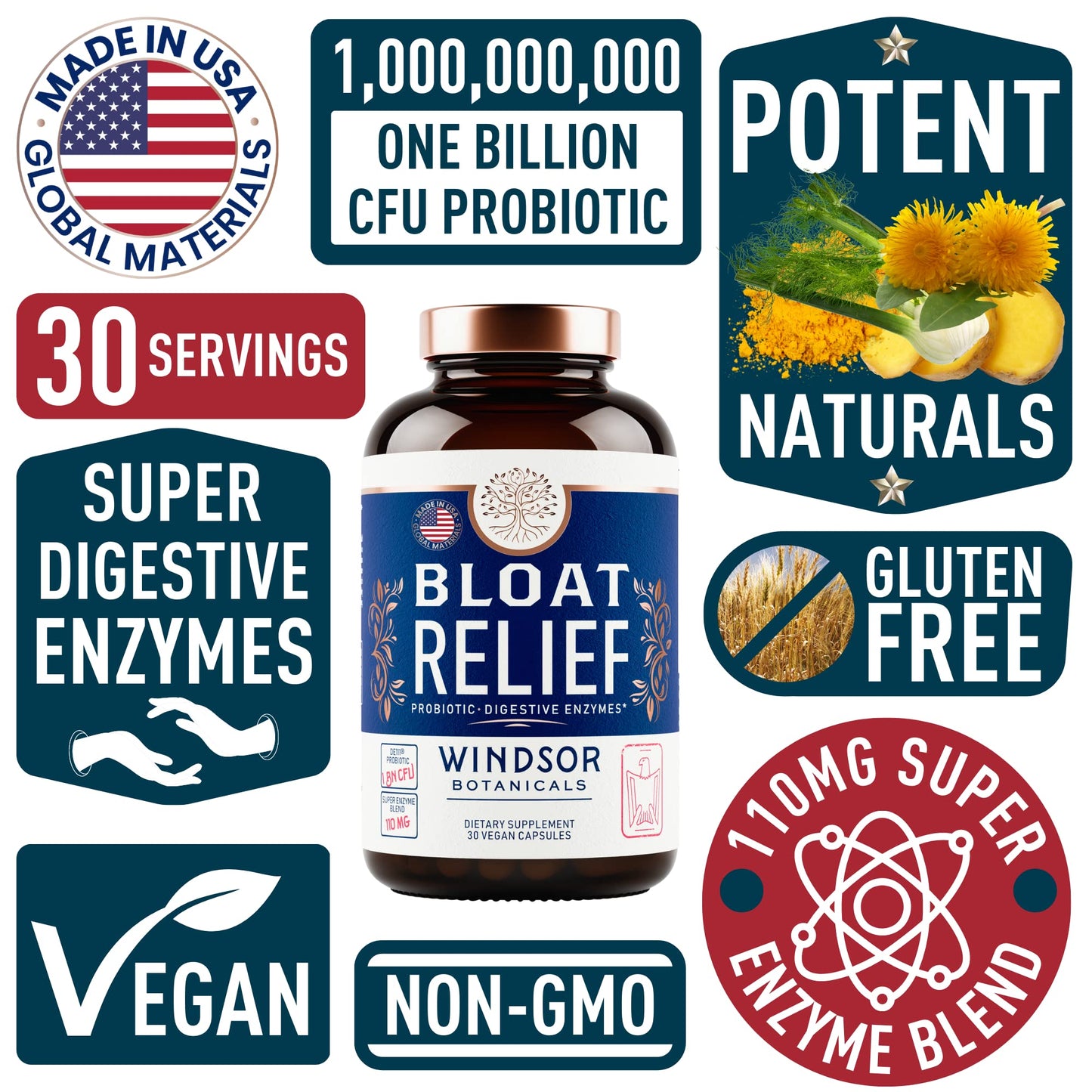 Bloat Relief Probiotic and Digestive Enzymes - Anti Bloating Turmeric, Fennel, Bromelain IBS WINDSOR BOTANICALSBuy Supplements Australia