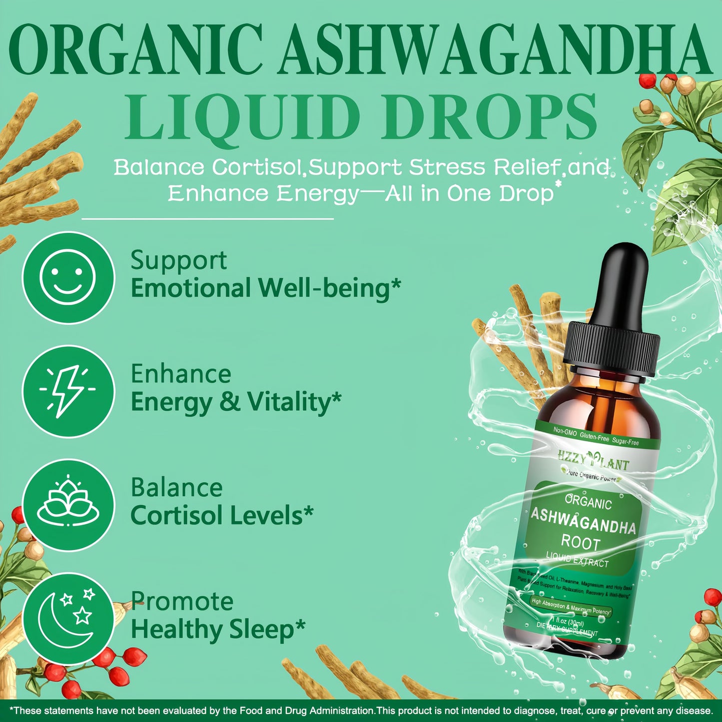 Organic Ashwagandha Drops,High Absorption Ashwagandha Extract Tincture for Stress Relief,Relaxation,Cortisol Support,Ashwagandha for Women & Men with Magnesium,L Theanine,Black Seed Oil,Vegan,Non-GMO HZZYPLANTBuy Supplements Australia