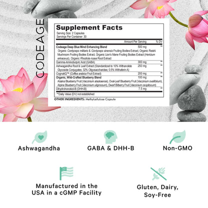 Codeage Meditate Vitamins+ Supplement - CognatiQ, DHH-B, GABA, Ashwagandha, Organic Mushrooms, Blueberries - BDNF Brain Pills and Neuroprotein - Vegan, Non-GMO, Gluten-Free - 60 Capsules CodeageBuy Supplements Australia