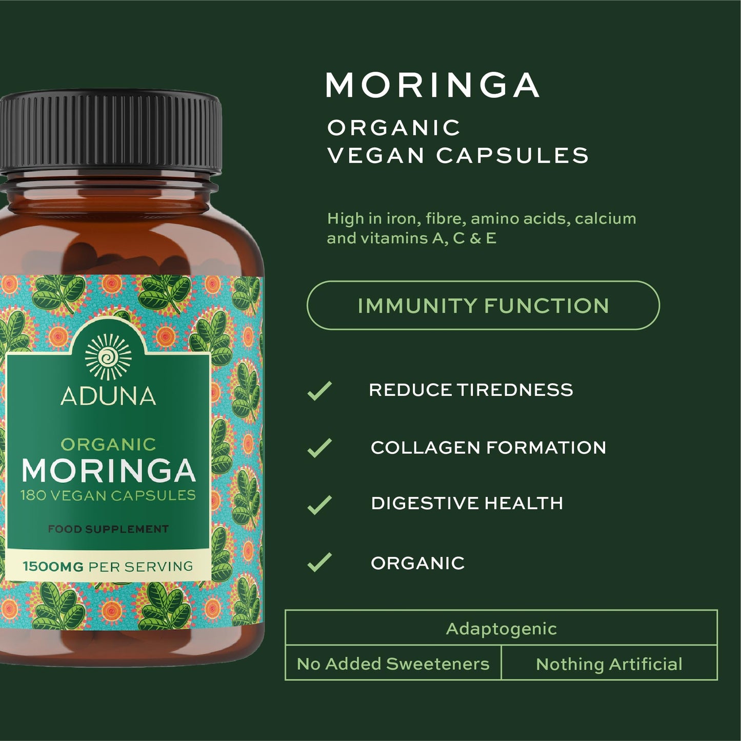 Aduna Organic Moringa Capsules 1500mg | 100% Pure Moringa Leaf for Energy, Immunity & Focus | Natural Plant-Based Food Supplement for Tiredness, Recovery & Breastfeeding | 180 Vegan Capsules AdunaBuy Supplements Australia