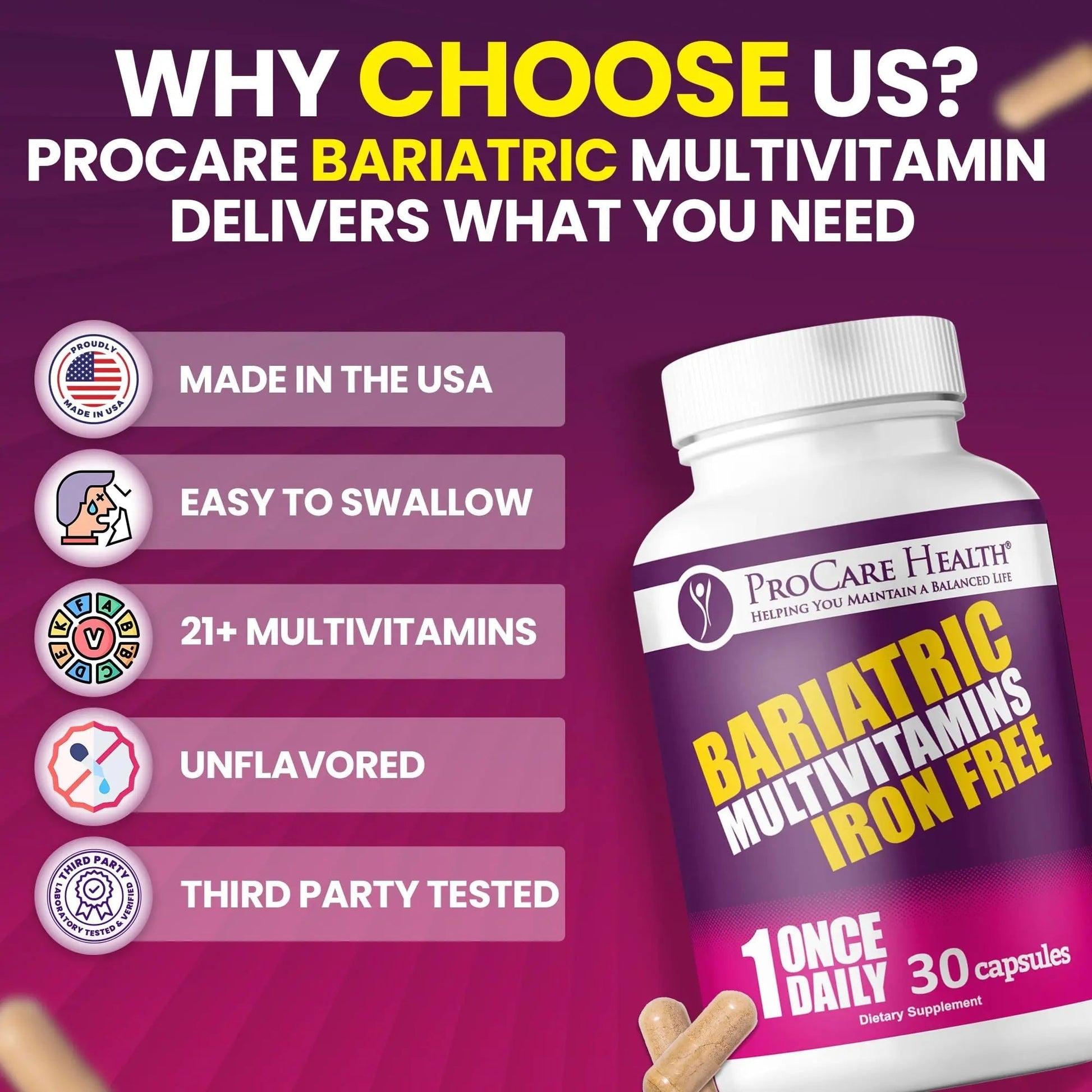 Procare Health Bariatric Multivitamin with Iron Free (30 Fast Dissolving Veggie Capsule) - Bariatric Vitamins for Gastric Sleeve & Gastric Bypass ProCare HealthBuy Supplements Australia
