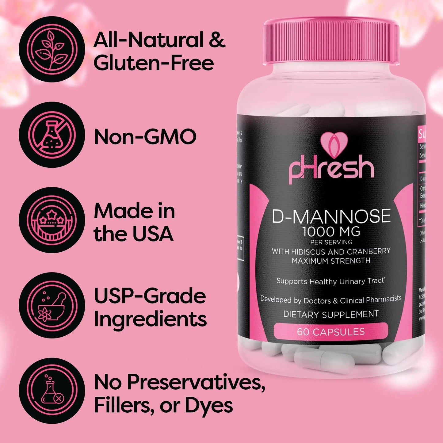ACE NUTRITION pHresh D-Mannose with Cranberry Capsules for Women and Men, Maximum Strength 1000 mg Per Serving - Supports: Urinary Tract Health - Made in The USA ACE NUTRITIONBuy Supplements Australia