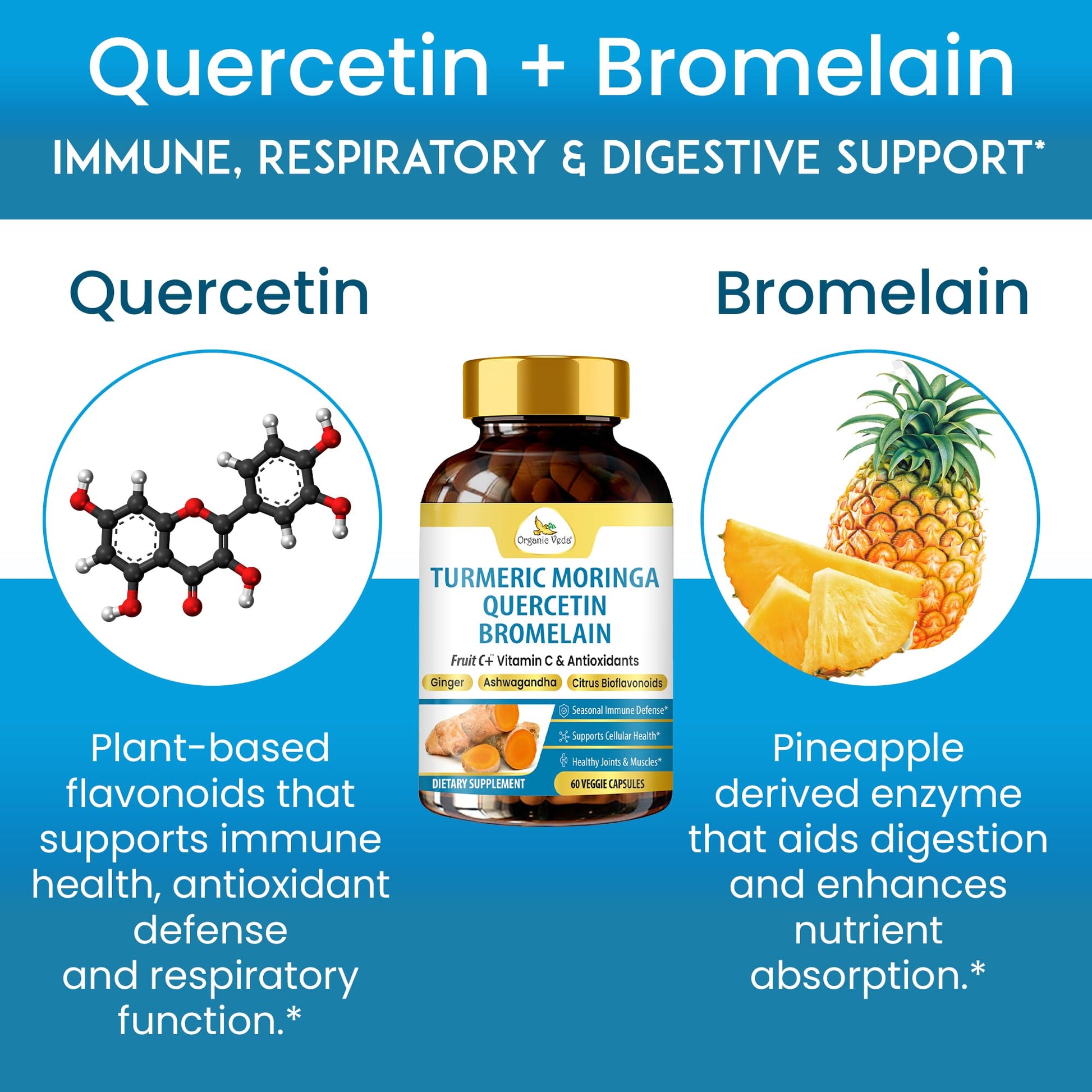 Organic Veda Turmeric Moringa Quercetin with Bromelain Capsules - Fruit C+ Vitamin C Antioxidants Immune System & Respiratory Supplement - Ashwagandha, Ginger, Citrus Bioflavonoids, 60 Vegan Capsule Organic VedaBuy Supplements Australia