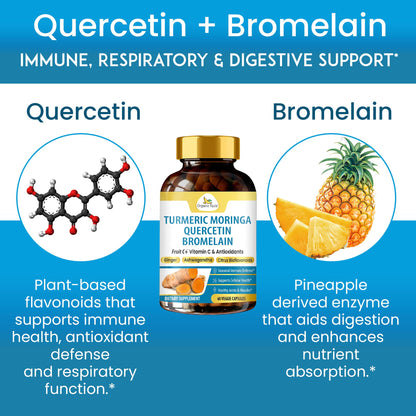 Organic Veda Turmeric Moringa Quercetin with Bromelain Capsules - Fruit C+ Vitamin C Antioxidants Immune System & Respiratory Supplement - Ashwagandha, Ginger, Citrus Bioflavonoids, 60 Vegan Capsule Organic VedaBuy Supplements Australia
