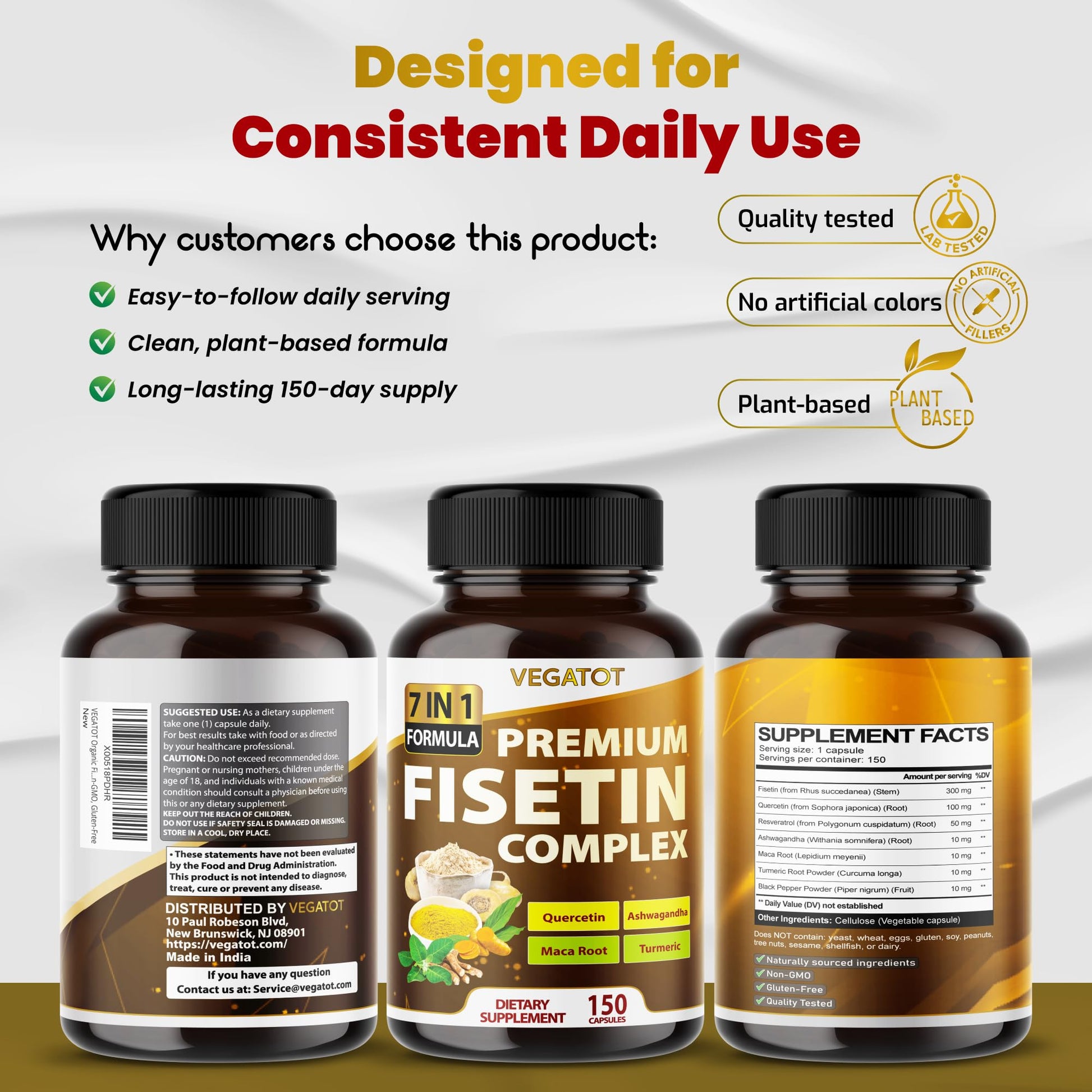 VEGATOT Organic Fisetin Complex 7-in-1 Formula | with Quercetin, Resveratrol, Ashwagandha, Maca Root, Turmeric, Black Pepper | 150 Capsules | Non-GMO, Gluten-Free VEGATOTBuy Supplements Australia