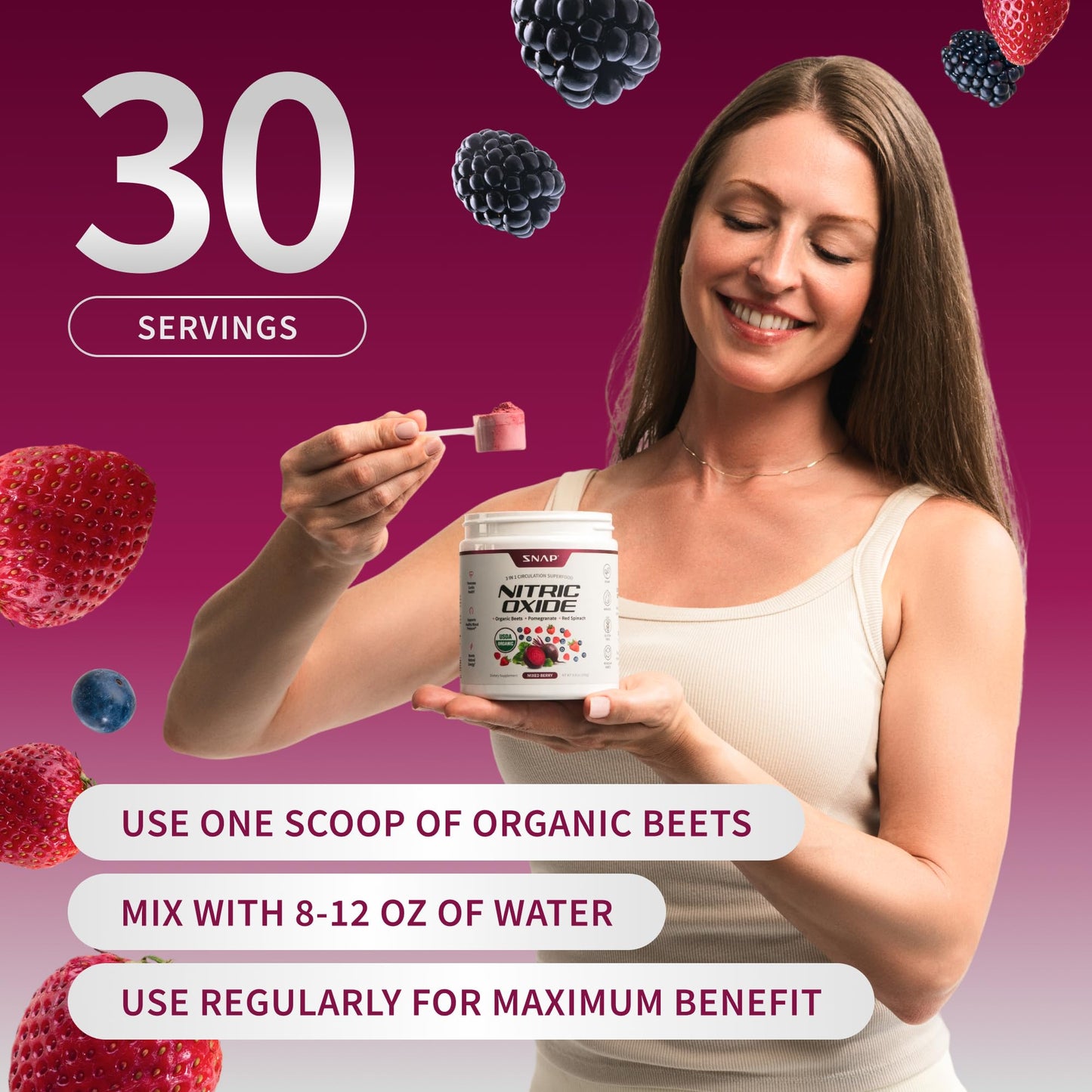 Snap Supplements Organic Beet Root Powder Nitric Oxide Supplement for Men & Women, Red Spinach & Pomegranate, Supports Healthy Energy & Blood Pressure Already in Normal Range, 30 Servings, Mixed Berry Snap SupplementsBuy Supplements Australia
