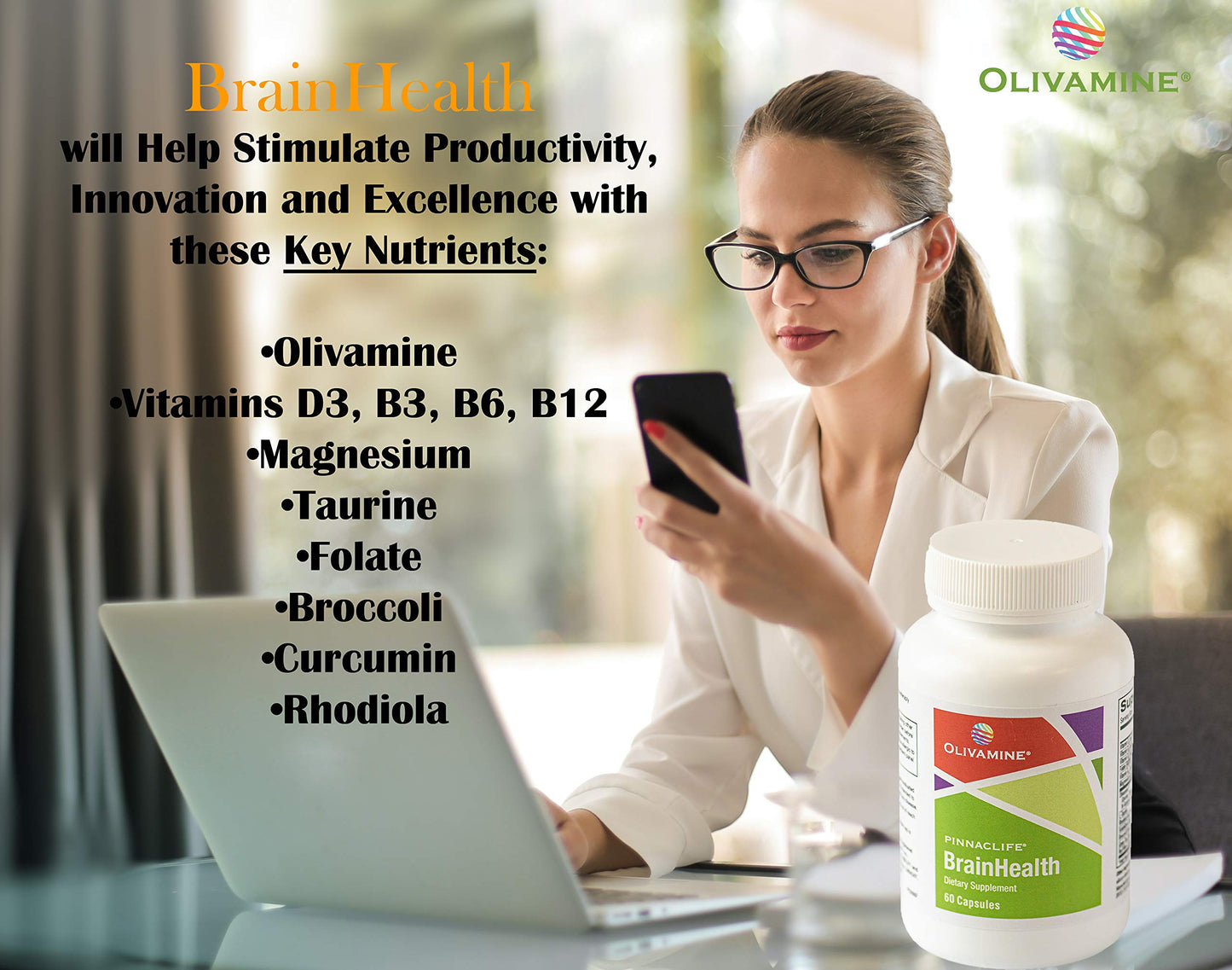BrainHealth Brain Supplement - Amplify Memory, Increase Focus, Enhance Clarity & Gain Productivity For Men & Women, Olivamine, Vitamin D, Vitamin B6 & B12, Rhodiola Rosea, Magnesium, Taurine PinnaclifeBuy Supplements Australia