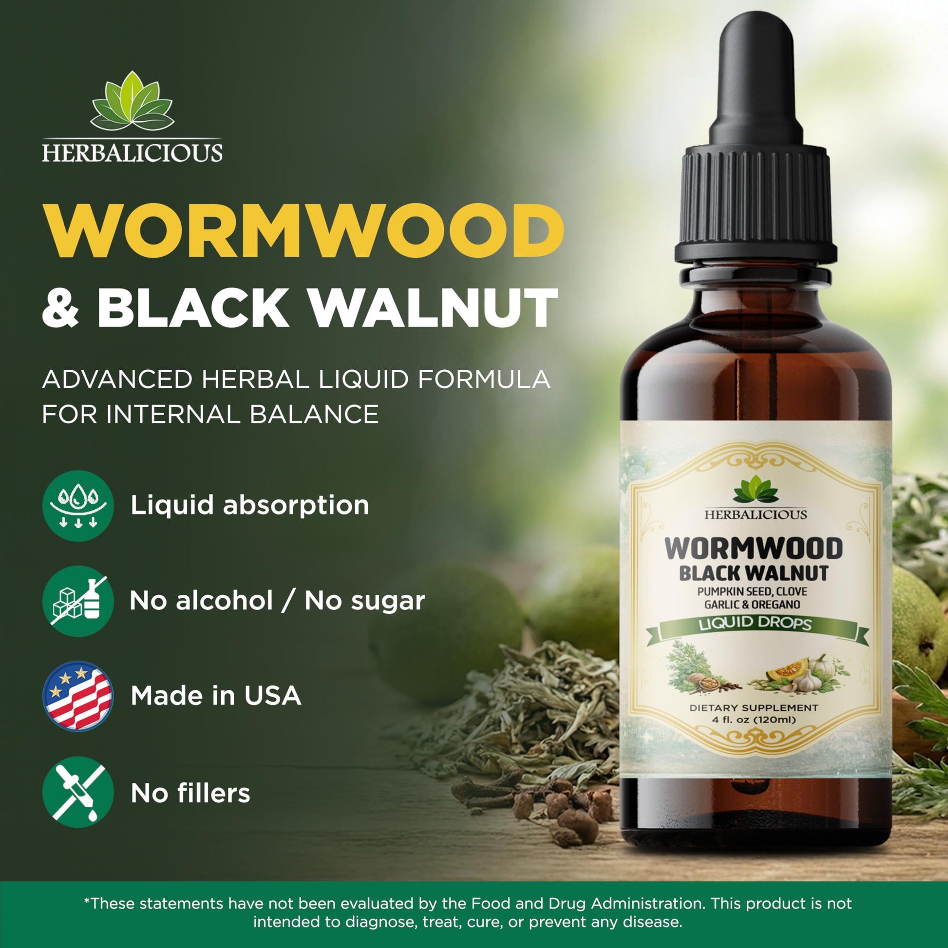 HEBRALICIOUS Wormwood Black Walnut Liquid Drops – Herbal Blend with Pumpkin Seed, Clove, Garlic & Oregano Oil – Alcohol Free Herbal Tincture – Liquid Dietary Supplement, 4 fl oz (120ml) HERBALICIOUSBuy Supplements Australia