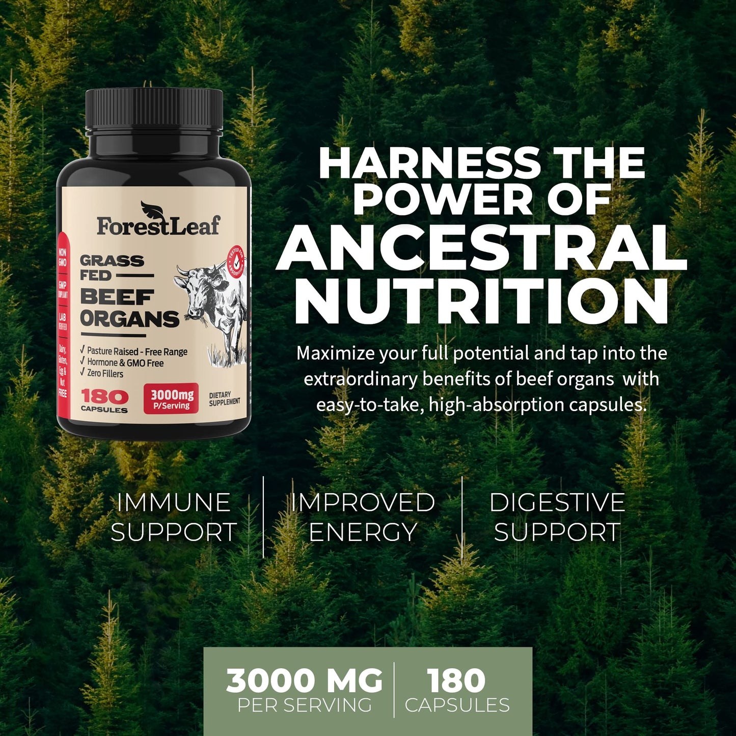 ForestLeaf Beef Organ Supplement - Grass Fed & Pasture Raised - Total Body Wellness & Performance, Organ Complex with 3000mg of Desiccated Beef Liver,