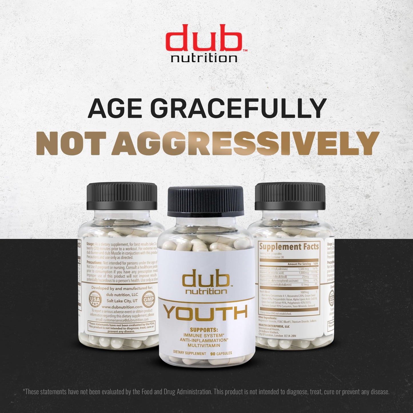 Dub Nutrition Youth - Formula with Acai, Resveratrol, Curcumin, Vitamins A, C, D, E, B12, and CoQ10 - Supports Immunity and Mobility - 90 Capsules Dub NutritionBuy Supplements Australia