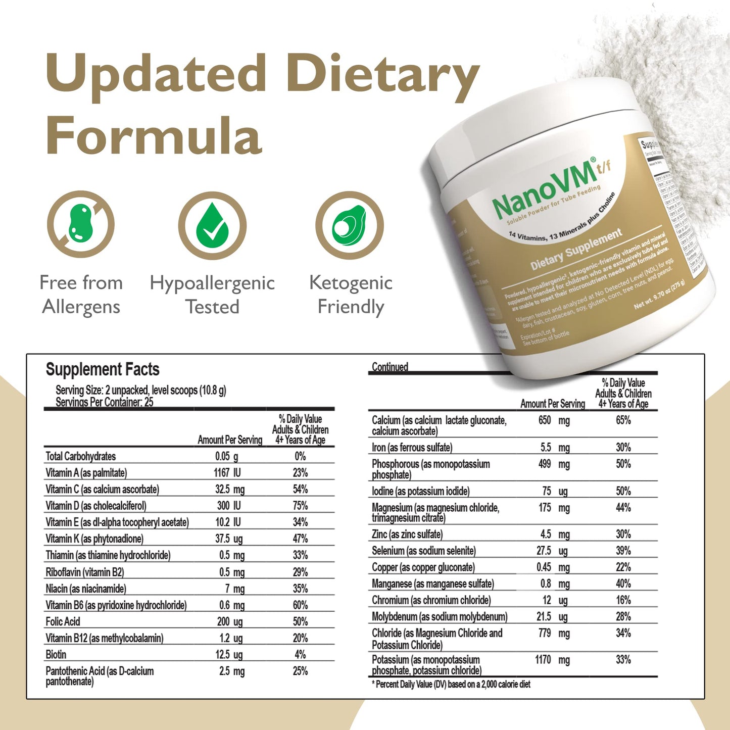 NanoVM t/f, Dietary Supplement for Tube Feeding, Allergen-Free Kids Multivitamin, Unflavored Vitamin Powder with 14 Vitamins & 13 Minerals, Low-Carb Kids Vitamins, 275g - Solace Nutrition NanoVMBuy Supplements Australia