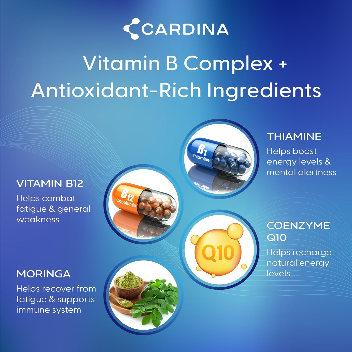 CARDINA B12 Vitamins for Women and Men - Brain Supplements for Memory and Focus with Thiamine B1 Supplement and COQ10 - Brain Memory Support - Non-GMO and Vegan B12 Supplement, 60 Ct CARDINABuy Supplements Australia