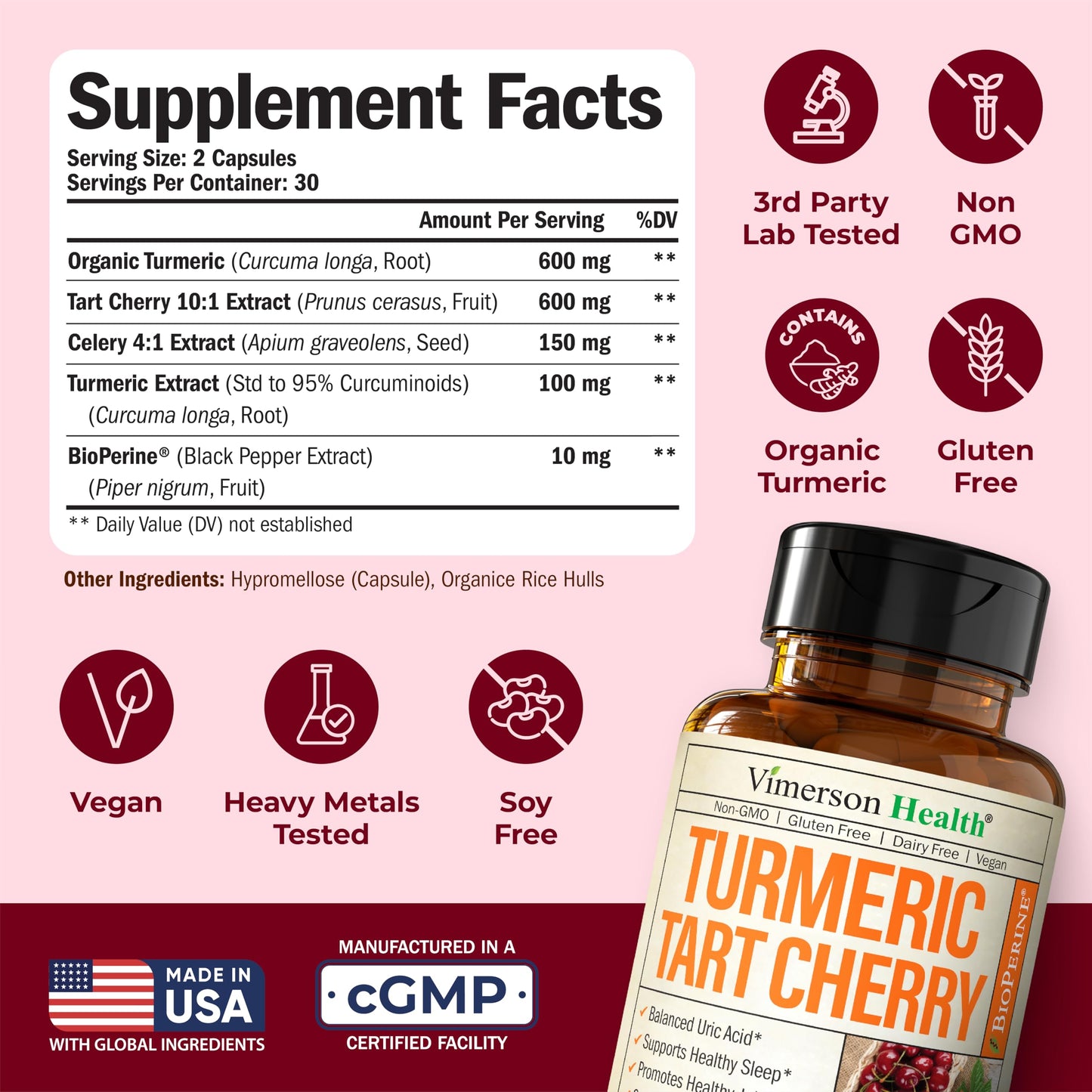 Turmeric Curcumin Supplement with 10:1 Tart Cherry Extract & Celery Seed Extract – Natural Uric Acid Balance, Joint Health & Sleep Aid – Turmeric Curcumin with Black Pepper – 60 Tart Cherry Capsules Vimerson HealthBuy Supplements Australia