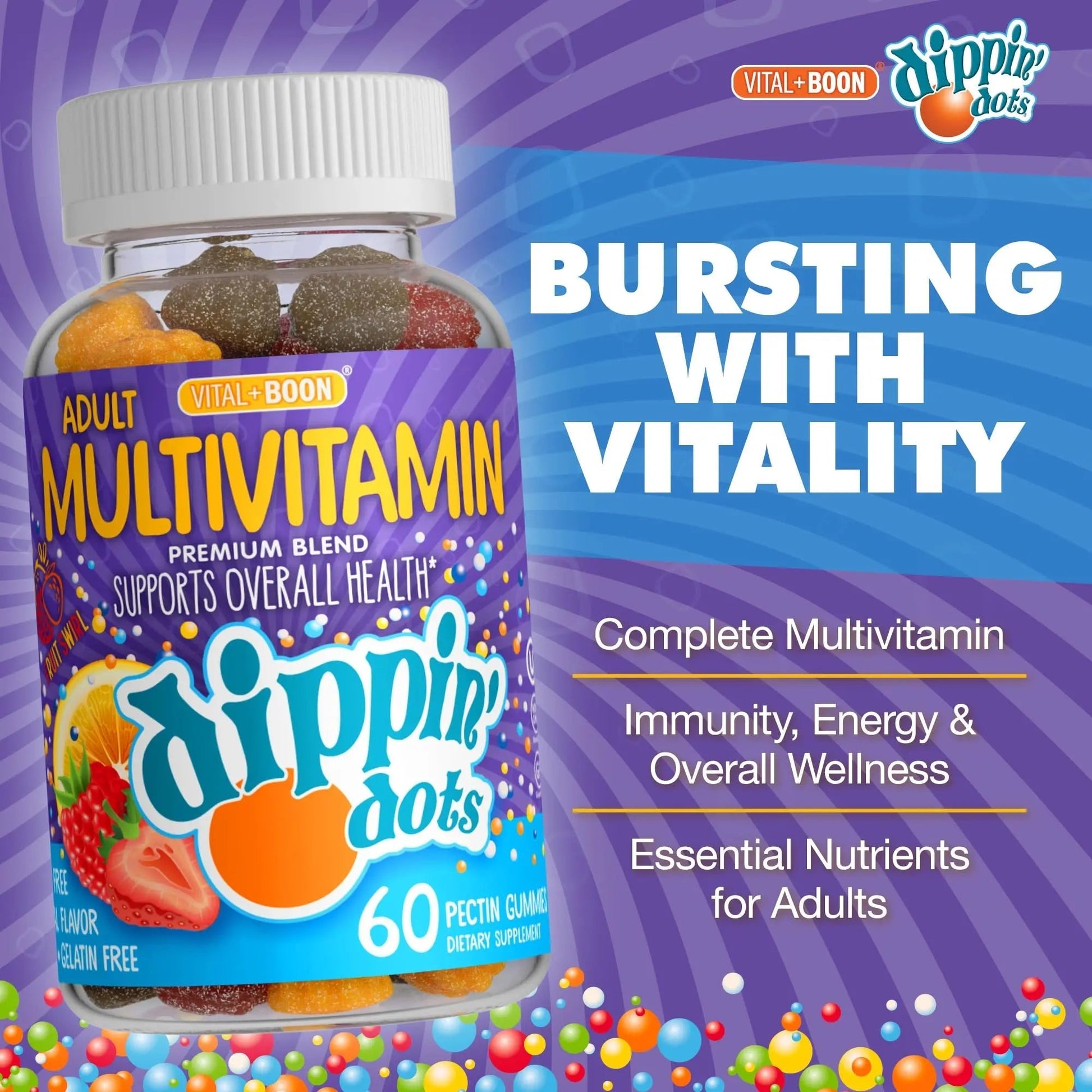 Vital+Boon Dippin' Dots - Multivitamin Gummies for Adults - Gummy Vitamins with Vitamin A, B6, C, D3, E & Folic Acid - Vegetarian Vital+Boon