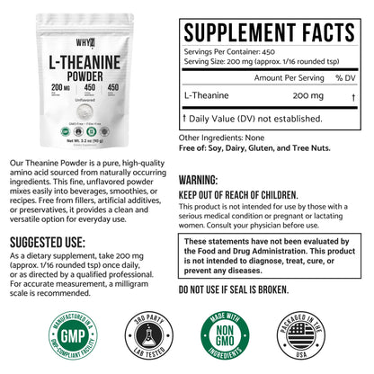Pure L-Theanine Powder Unflavored Amino Acid Supplement Powder from Fine L-Theanine for Smooth Mixing Vegan Friendly Non-GMO No-Additives for Smoothies Drinks and Daily Nutrition Support, 3.2 oz (90g) WHYZBuy Supplements Australia