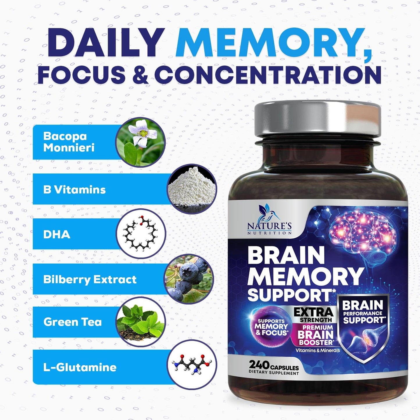 Brain Memory Supplement Pills - 3X Strength Nootropics for Concentration, Clarity & Focus Support - Brain Health Cognitive Vitamins with Bacopa, Phosphatidylserine & DMAE, Brain Booster - 240 Capsules Nature's NutritionBuy Supplements Australia