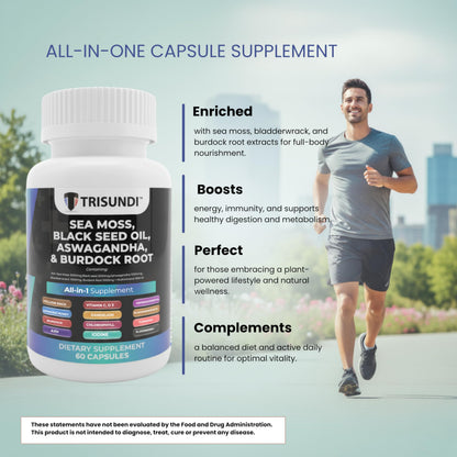 Trisundi Sea Moss Complex with Black Seed Oil, Ashwagandha & Burdock Root – All-in-One Herbal Supplement with Vitamins & Minerals – 60 Capsules TrisundiBuy Supplements Australia