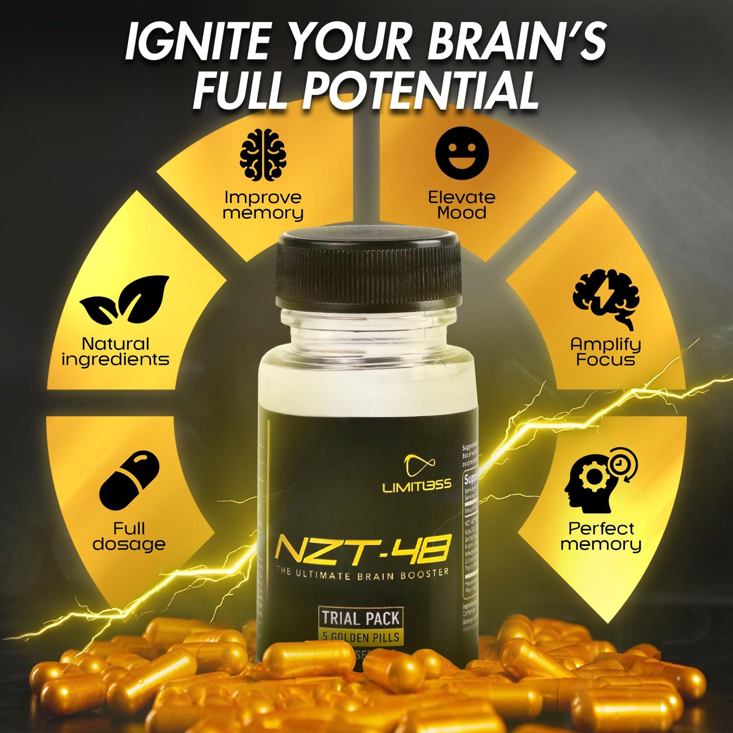 Nootropic Premium Brain Booster - Brain Supplement for Memory + Focus + Natural Energy - Caffeinated, Phosphatidylserine, Vitamins B6 B12-5ct Capsules - Travel Pack NZT-48Buy Supplements Australia